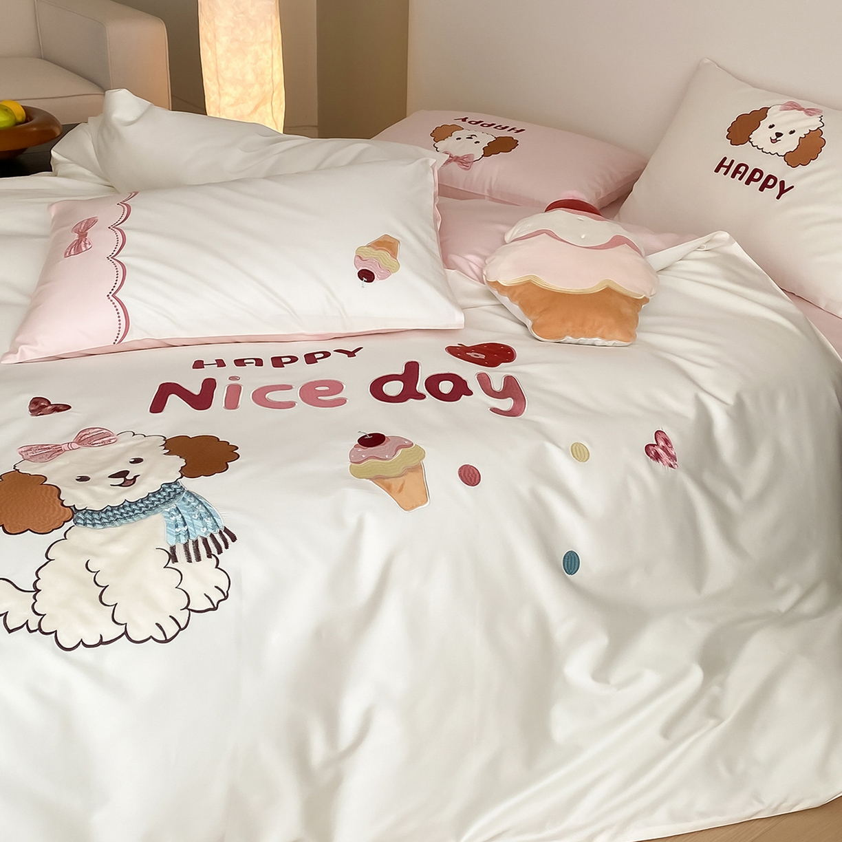 91家纺网 家纺一手货源 找家纺 极简 2026新款100s长绒棉纯棉刺绣四件套-奶油小狗 奶油小狗-白