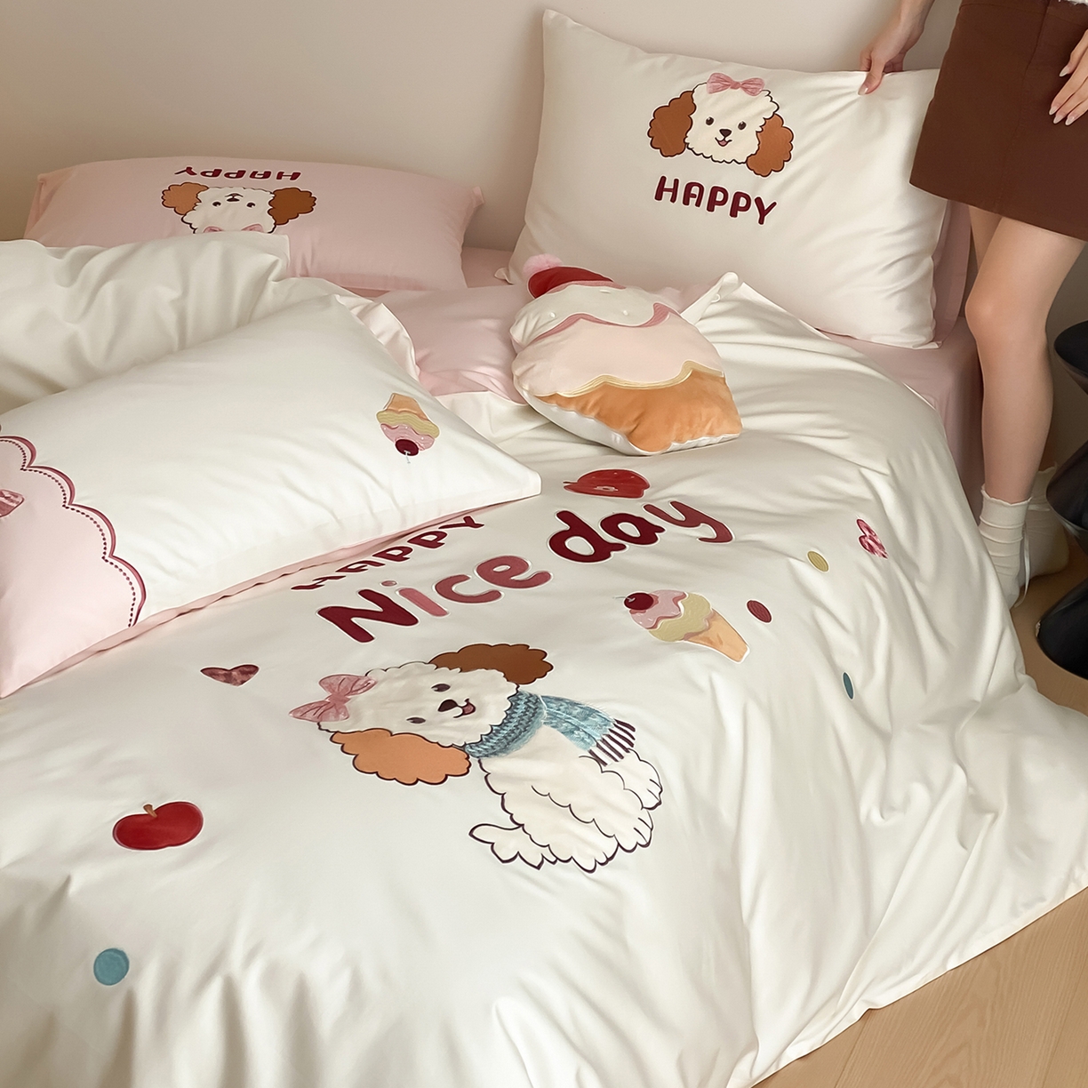 91家纺网 家纺一手货源 找家纺 极简 2026新款100s长绒棉纯棉刺绣四件套-奶油小狗 奶油小狗-白