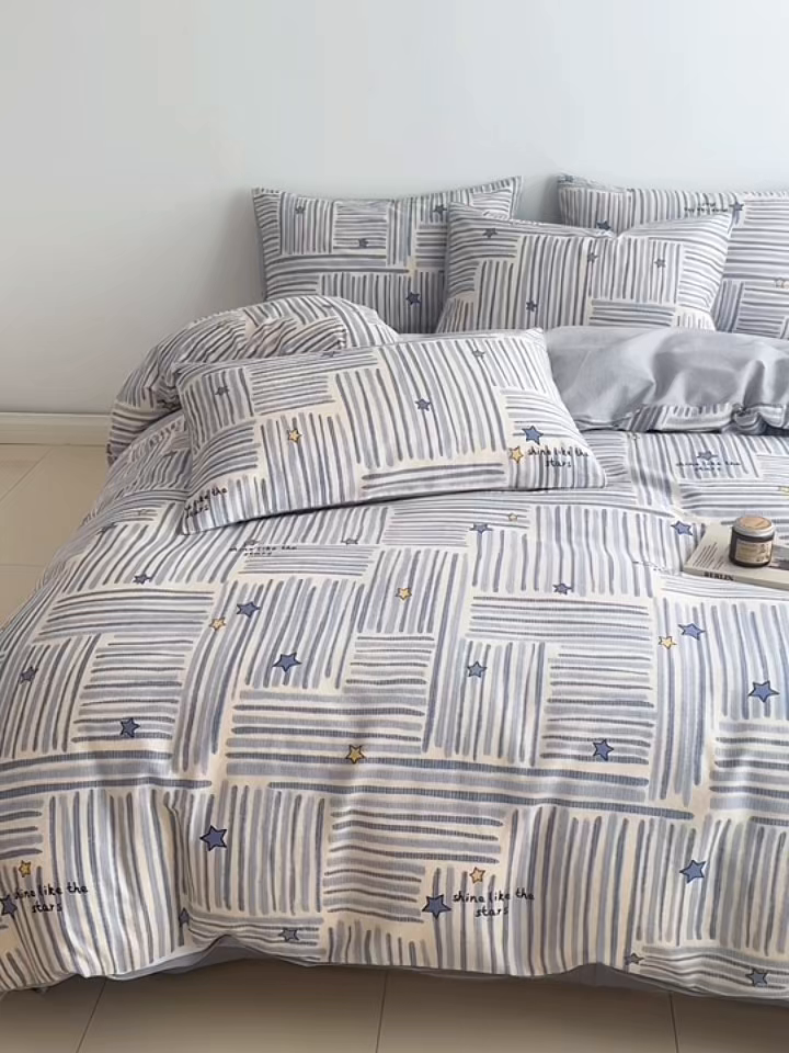 91家纺网 家纺一手货源 找家纺 简宜家居（朝初家纺） 2026新款12868全棉简约纯棉四件套 星落灰条