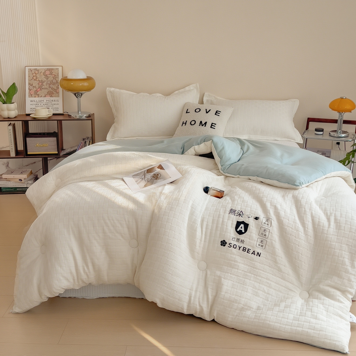 91家纺网 家纺一手货源 找家纺 好尚居 2026新款烫画华夫格冬被 双拼款☀白拼浅蓝