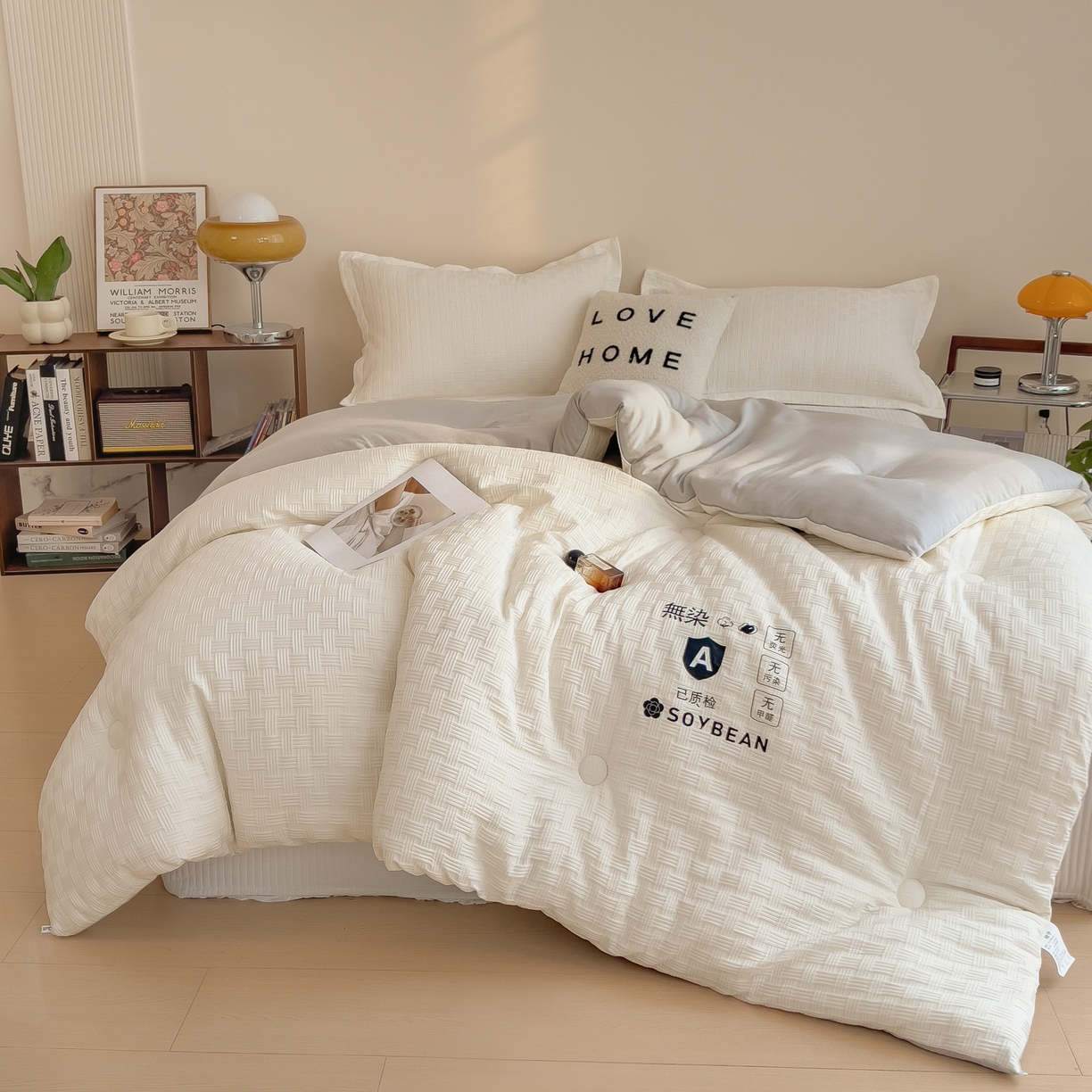 91家纺网 家纺一手货源 找家纺 好尚居 2026新款烫画华夫格冬被 双拼款☀白拼浅灰