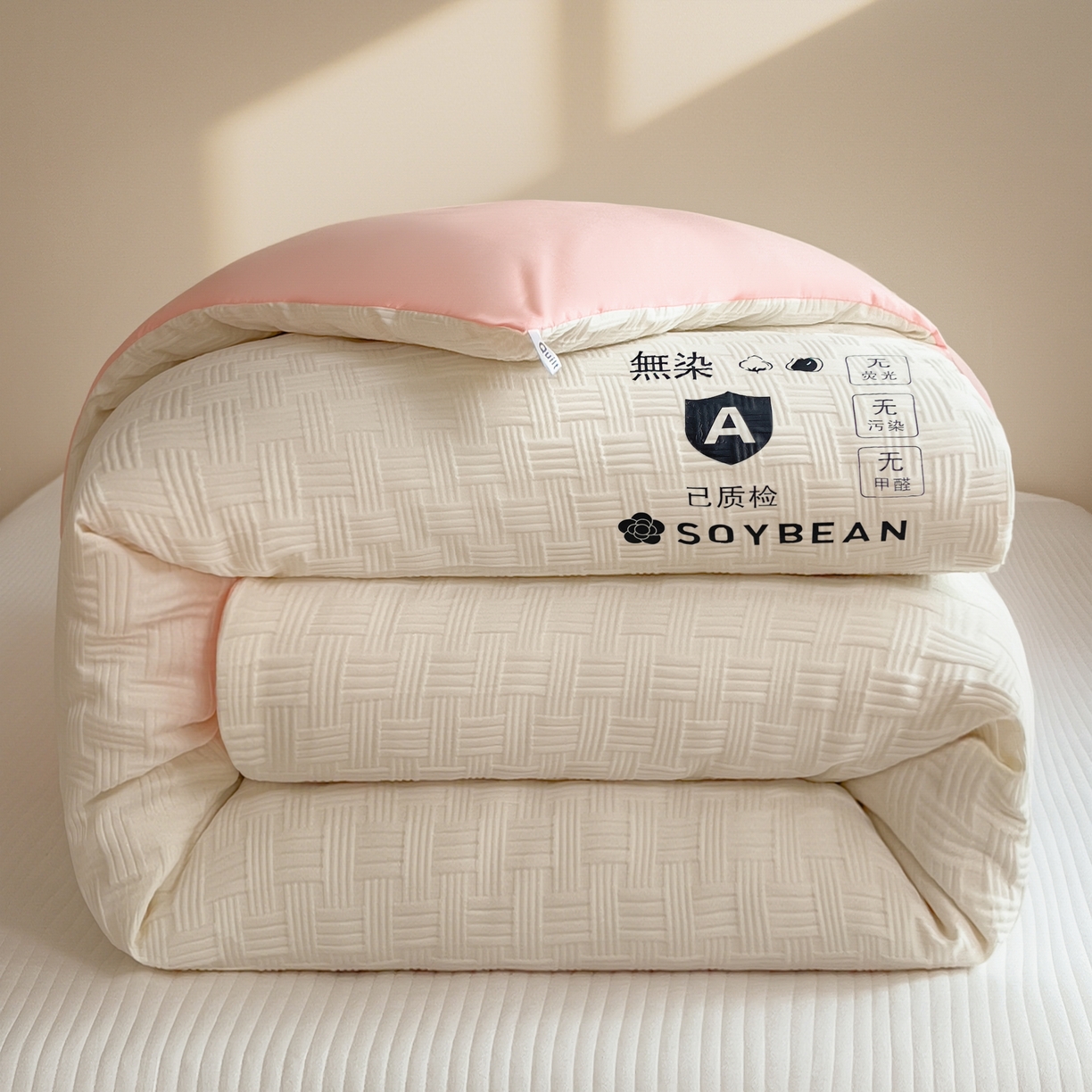 91家纺网 家纺一手货源 找家纺 好尚居 2026新款烫画华夫格冬被 双拼款☀白拼粉色