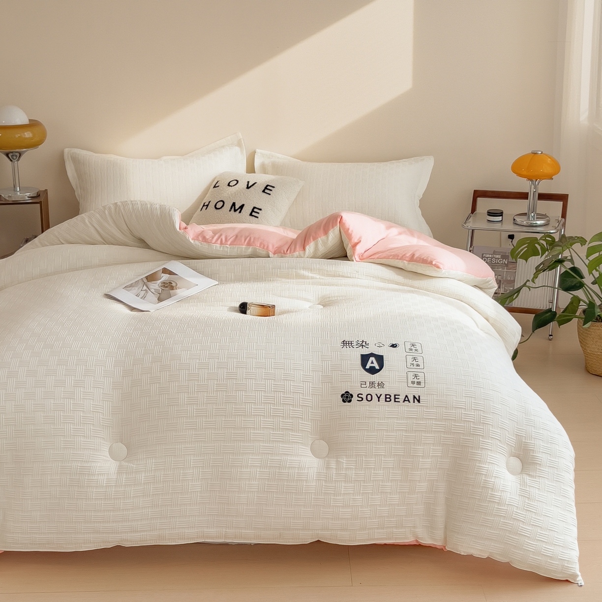 91家纺网 家纺一手货源 找家纺 好尚居 2026新款烫画华夫格冬被 双拼款☀白拼粉色