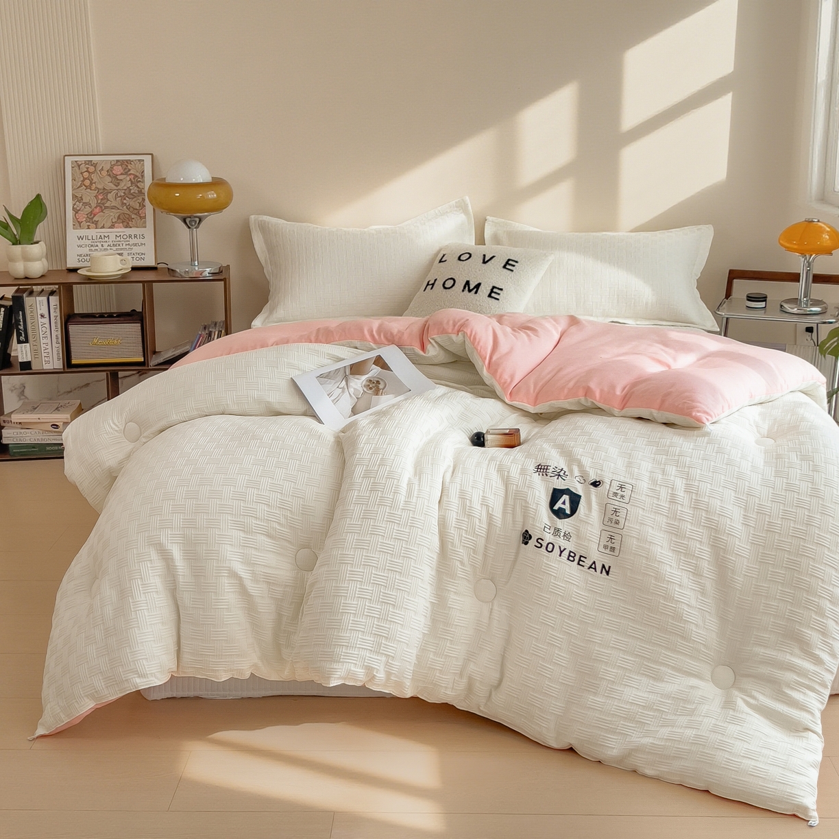 91家纺网 家纺一手货源 找家纺 好尚居 2026新款烫画华夫格冬被 双拼款☀白拼粉色