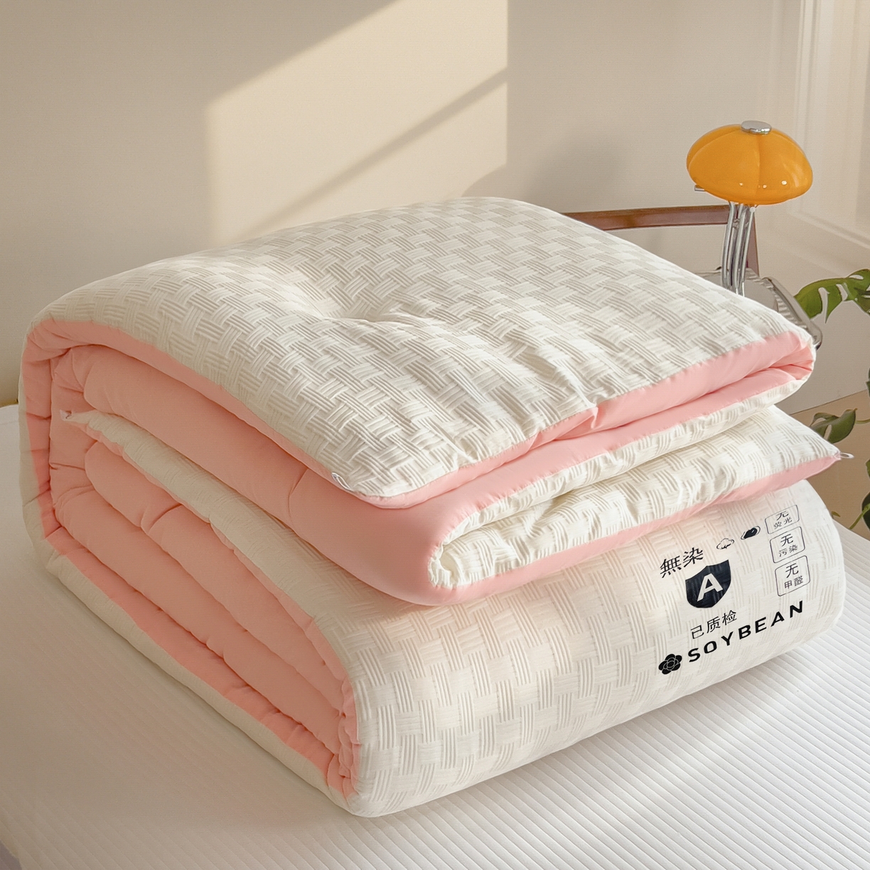 91家纺网 家纺一手货源 找家纺 好尚居 2026新款烫画华夫格冬被 双拼款☀白拼粉色