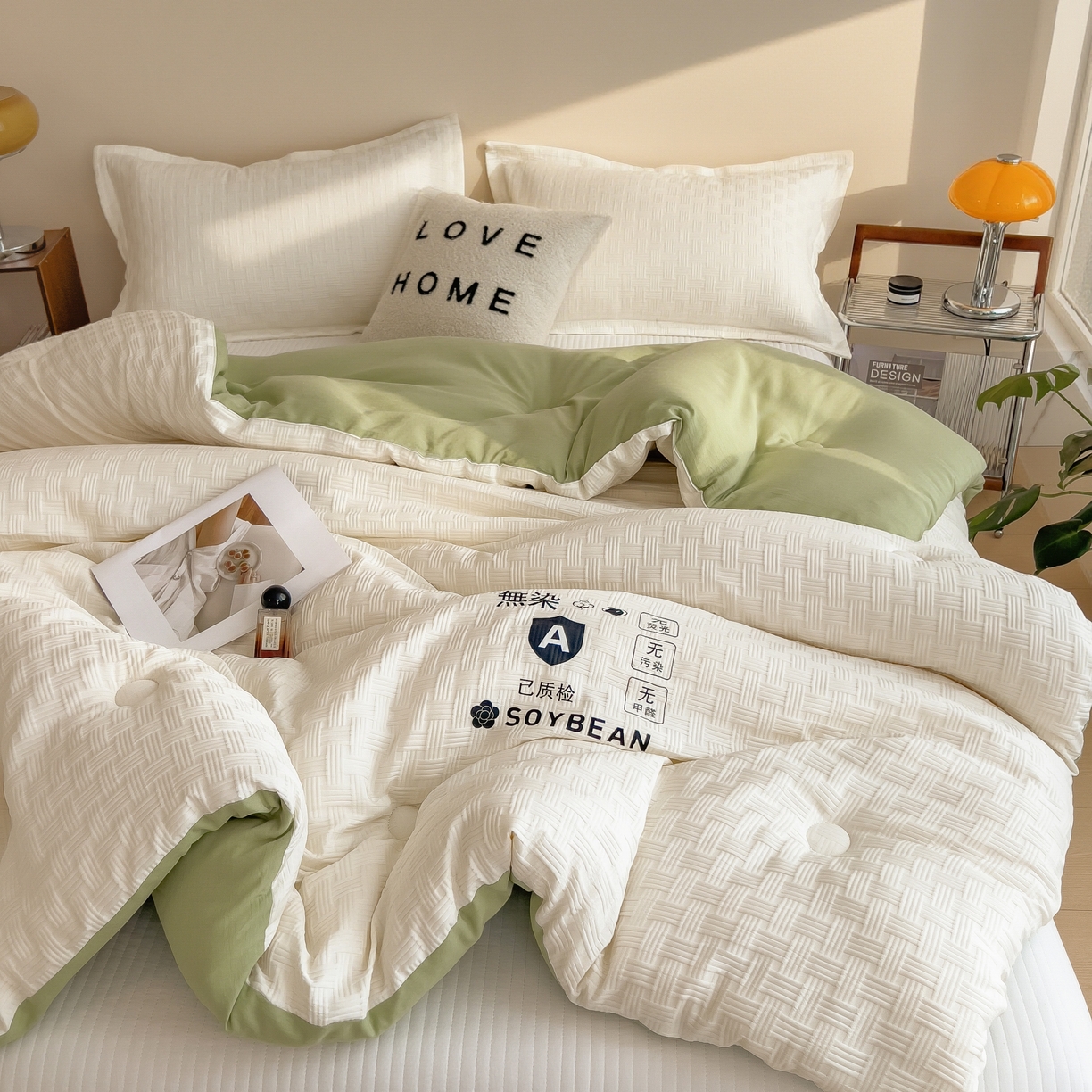 91家纺网 家纺一手货源 找家纺 好尚居 2026新款烫画华夫格冬被 双拼款☀白拼果绿