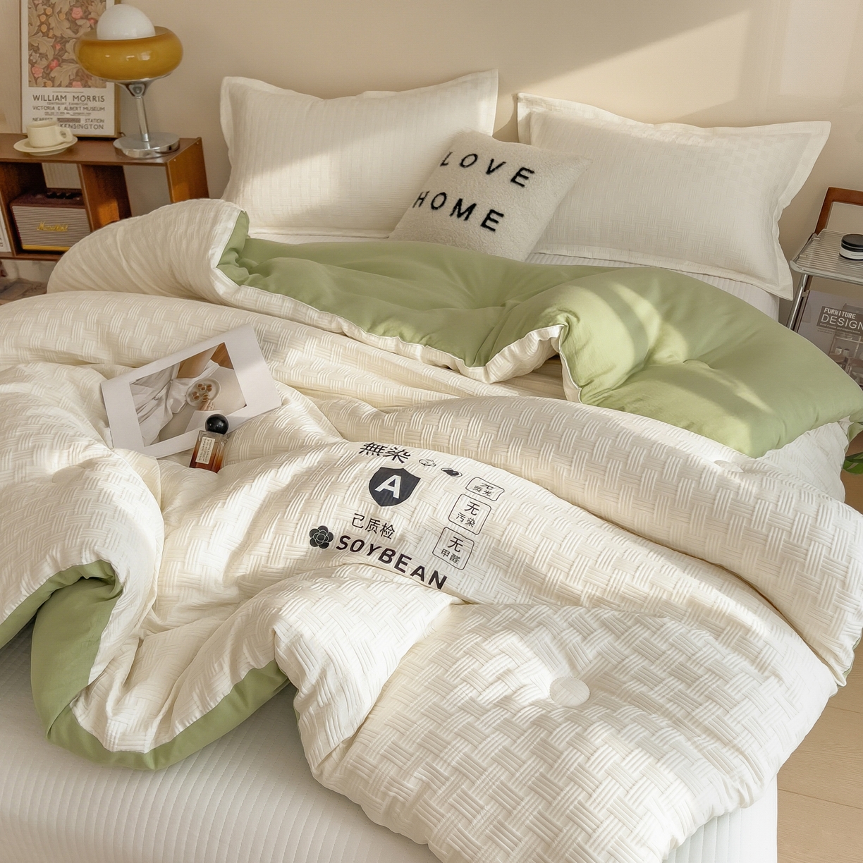 91家纺网 家纺一手货源 找家纺 好尚居 2026新款烫画华夫格冬被 双拼款☀白拼果绿