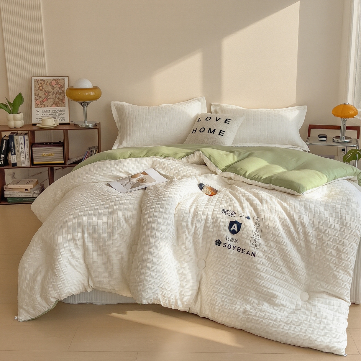 91家纺网 家纺一手货源 找家纺 好尚居 2026新款烫画华夫格冬被 双拼款☀白拼果绿