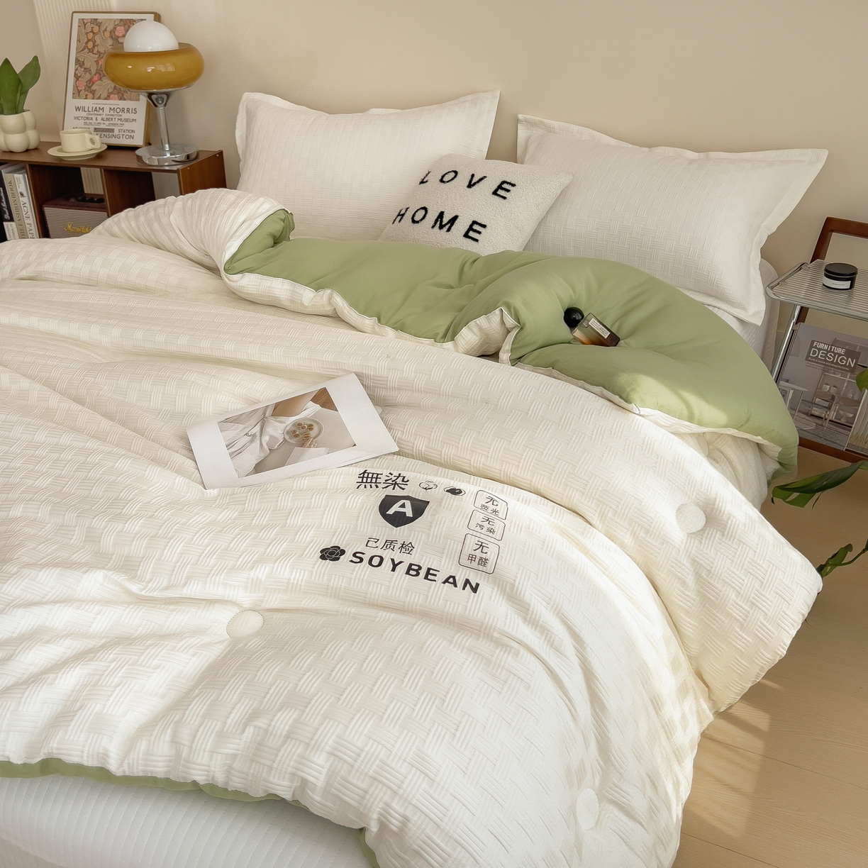 91家纺网 家纺一手货源 找家纺 好尚居 2026新款烫画华夫格冬被 双拼款☀白拼果绿