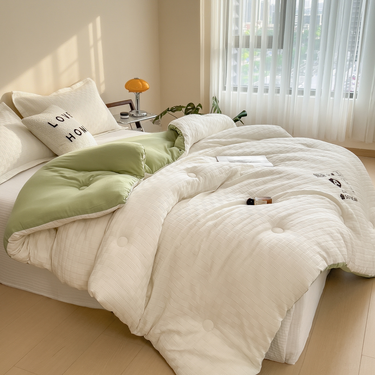 91家纺网 家纺一手货源 找家纺 好尚居 2026新款烫画华夫格冬被 双拼款☀白拼果绿