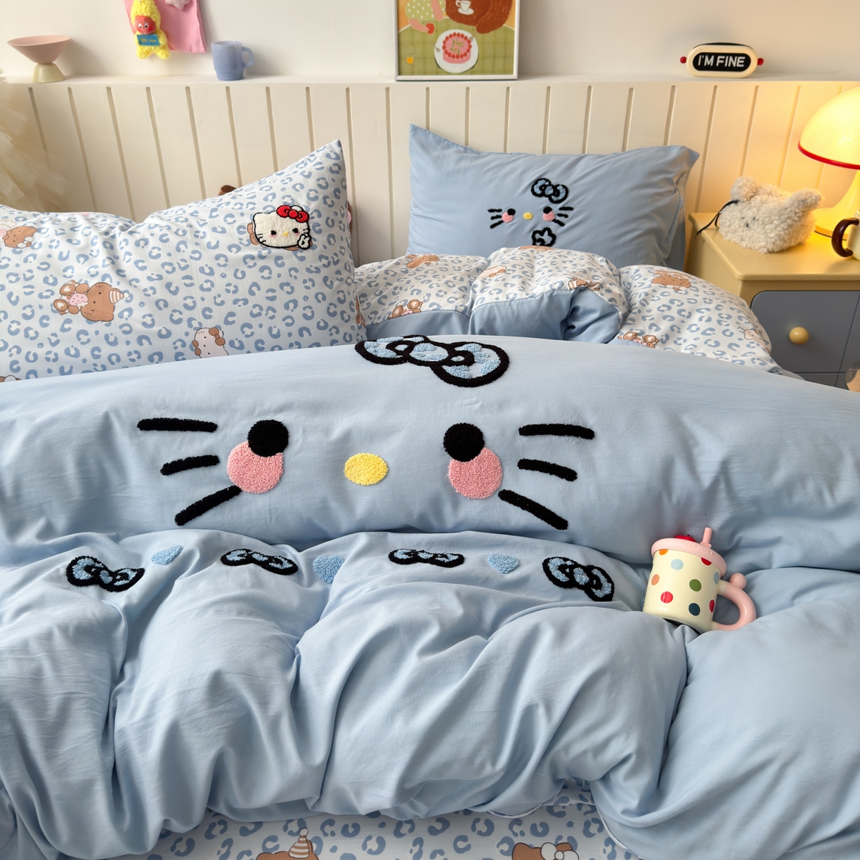 91家纺网 家纺一手货源 找家纺 （总）一霖家纺 2026新款云朵棉毛巾绣小清新猫咪系列四件套