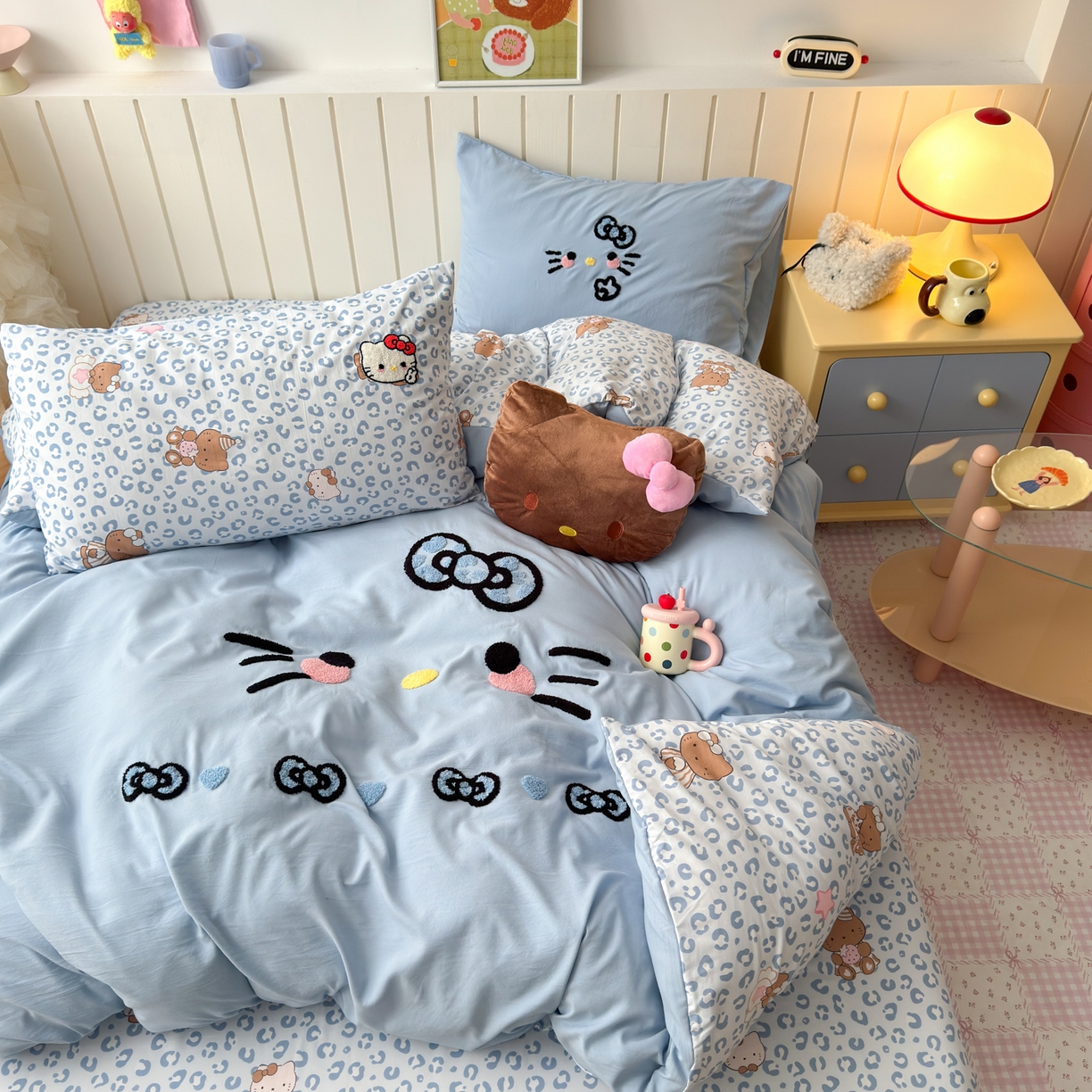 91家纺网 家纺一手货源 找家纺 一霖家纺 2026新款云朵棉毛巾绣小清新猫咪系列四件套 可爱猫咪蓝