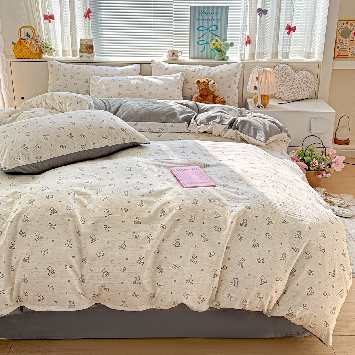 91家纺网 家纺一手货源 找家纺 名品家纺 2026新款软糯小露麻棉麻棉纱四件套 提供买家秀 蝴蝶结小熊