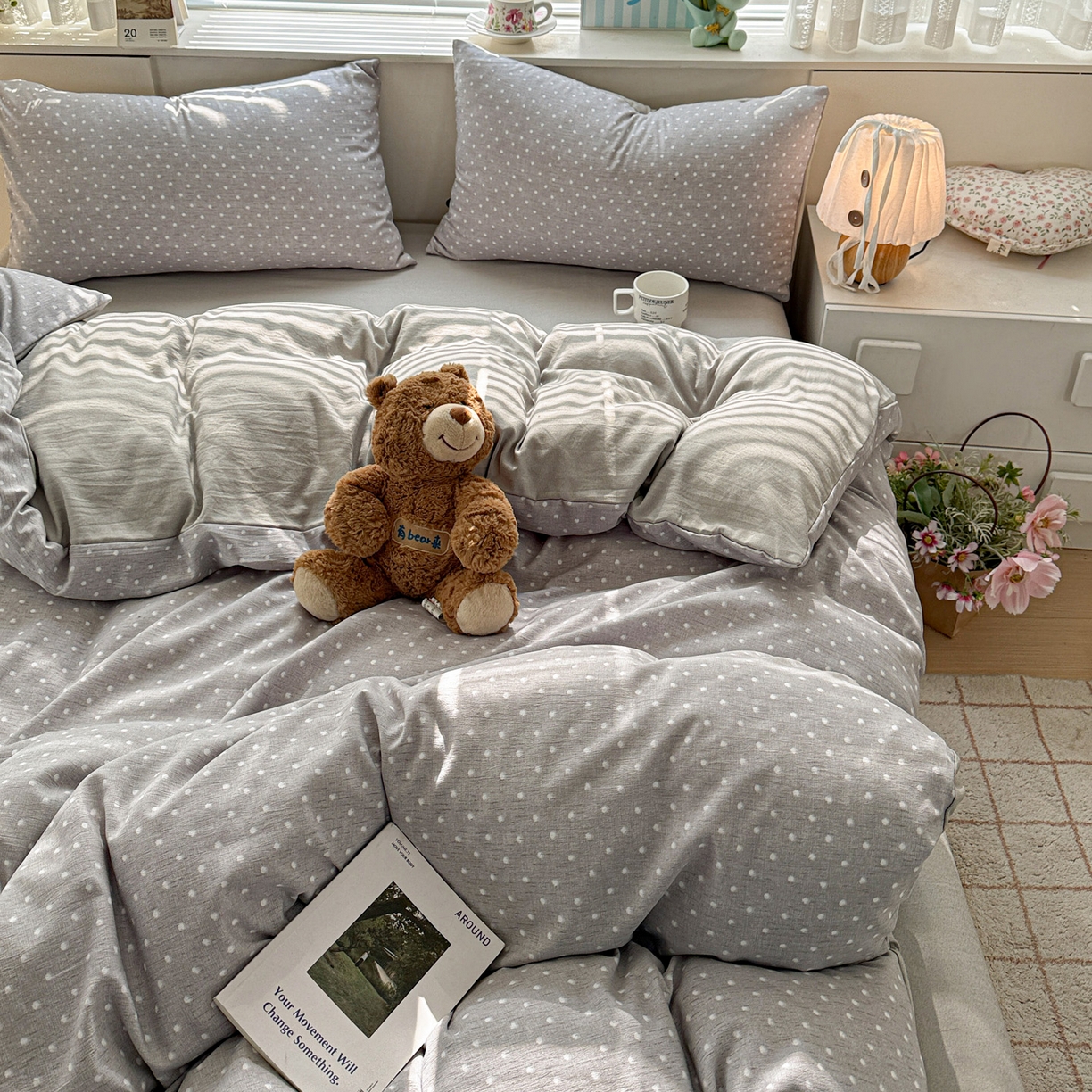 91家纺网 家纺一手货源 找家纺 名品家纺 2026新款软糯小露麻棉麻棉纱四件套 提供买家秀 灰羽星点