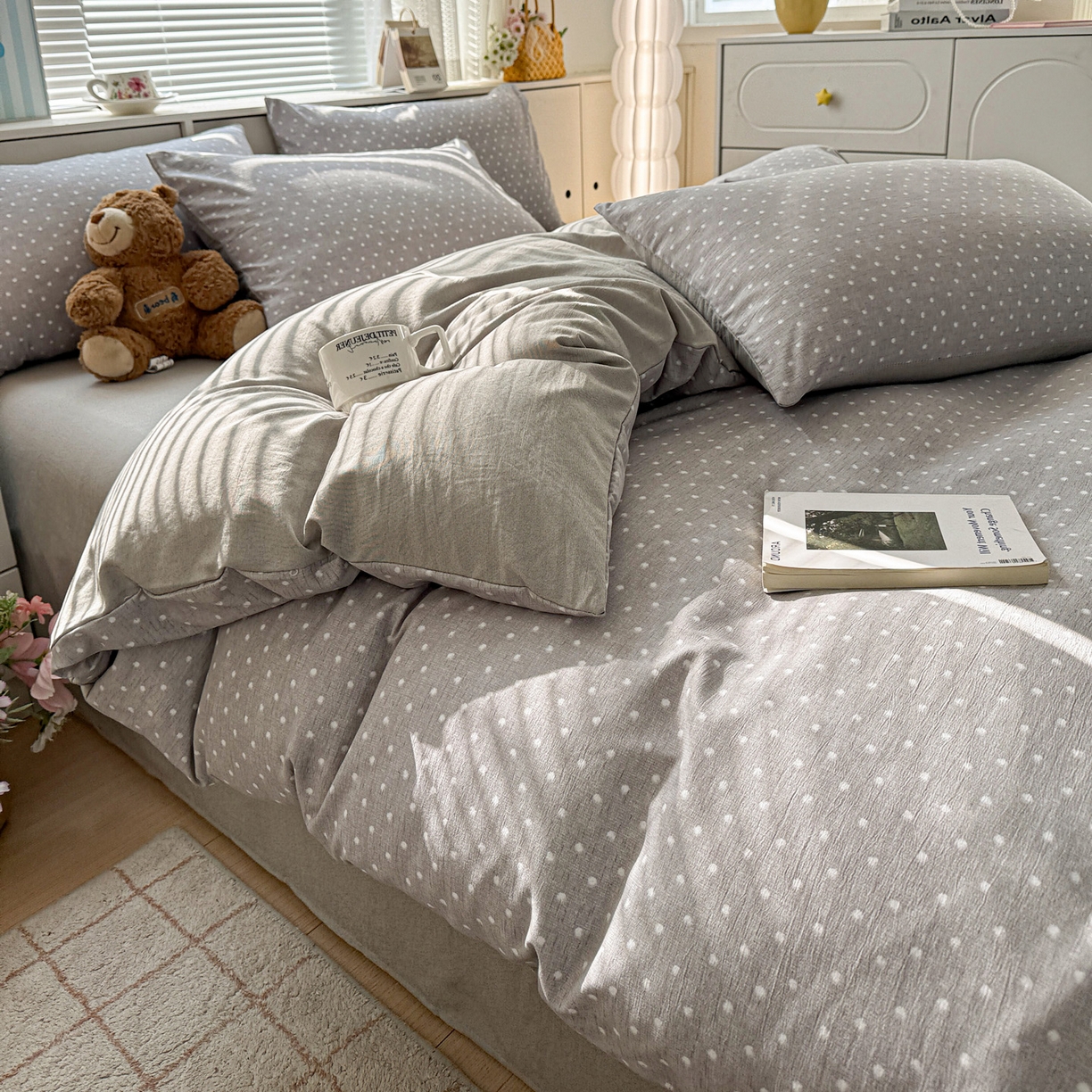 91家纺网 家纺一手货源 找家纺 名品家纺 2026新款软糯小露麻棉麻棉纱四件套 提供买家秀 灰羽星点