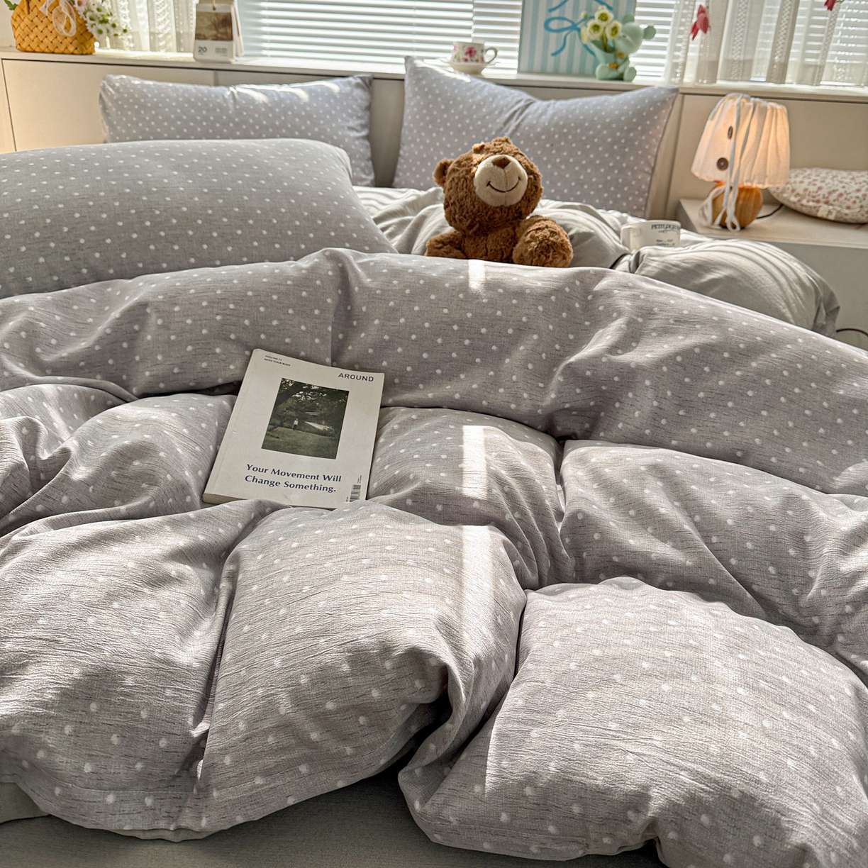 91家纺网 家纺一手货源 找家纺 名品家纺 2026新款软糯小露麻棉麻棉纱四件套 提供买家秀 灰羽星点