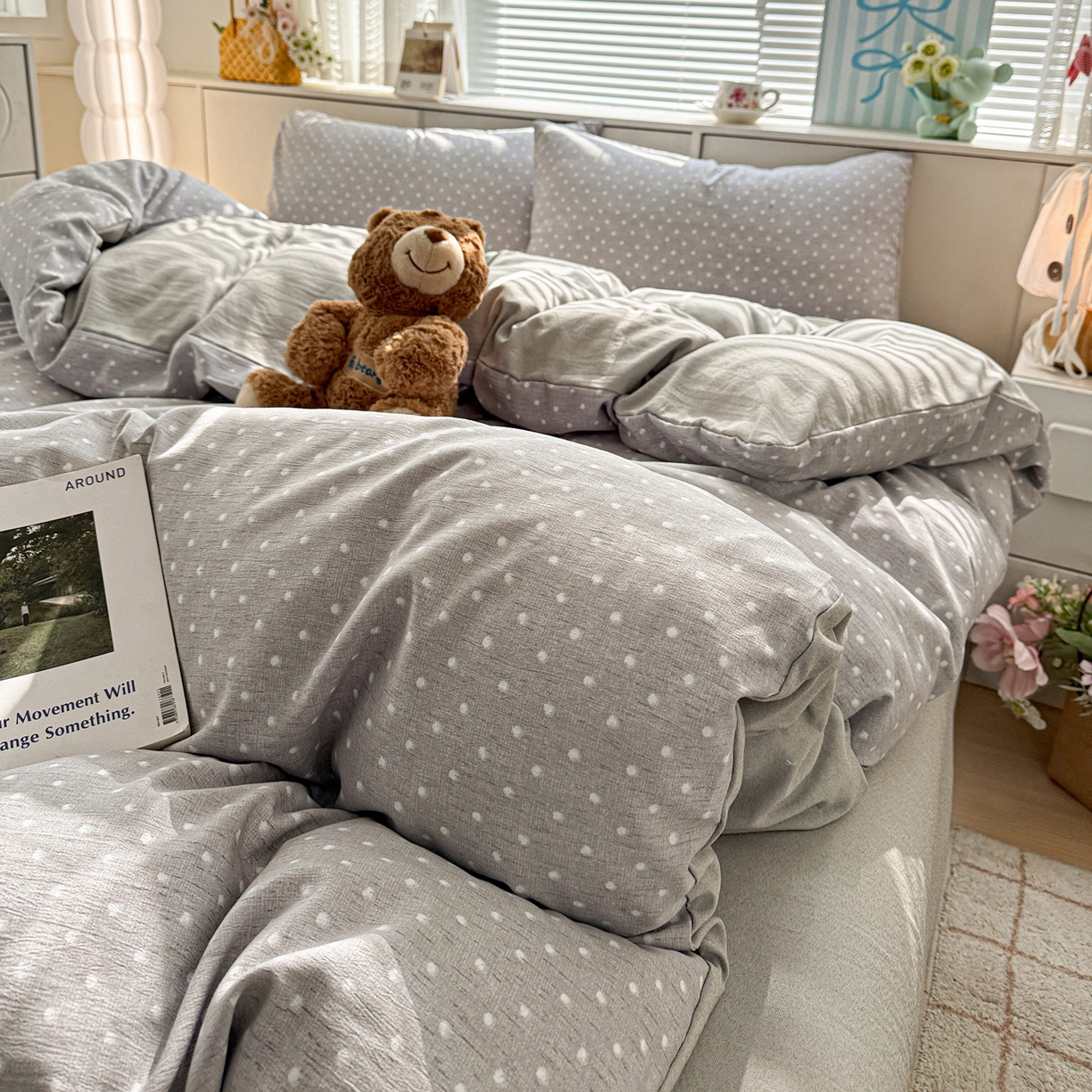 91家纺网 家纺一手货源 找家纺 名品家纺 2026新款软糯小露麻棉麻棉纱四件套 提供买家秀 灰羽星点