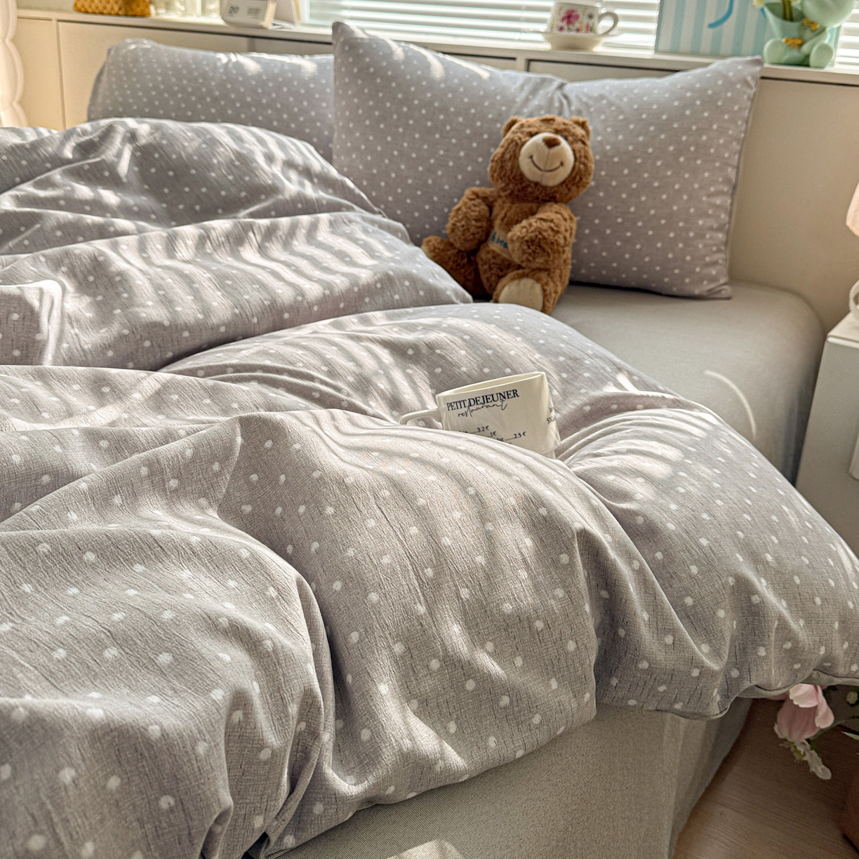 91家纺网 家纺一手货源 找家纺 名品家纺 2026新款软糯小露麻棉麻棉纱四件套 提供买家秀 灰羽星点