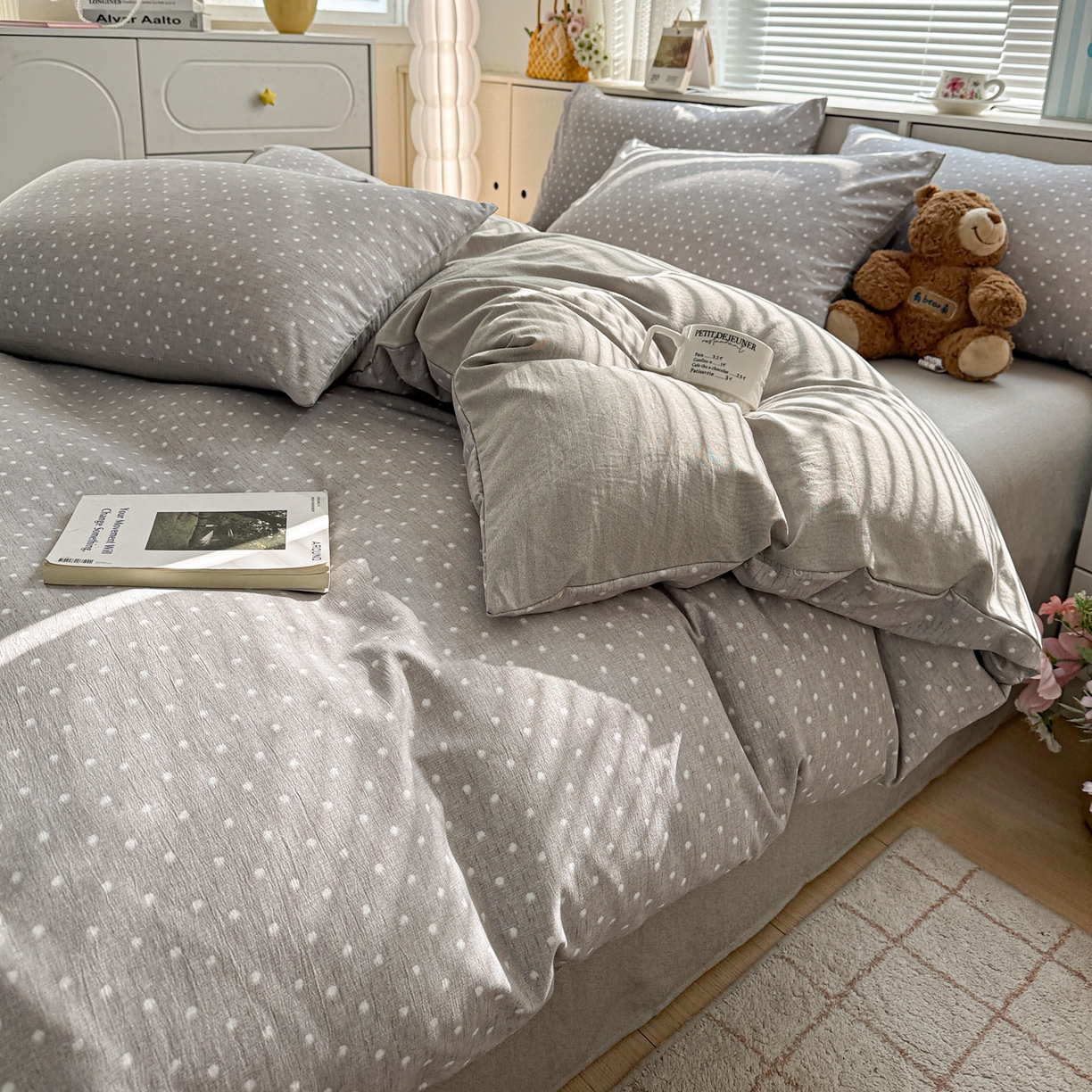 91家纺网 家纺一手货源 找家纺 名品家纺 2026新款软糯小露麻棉麻棉纱四件套 提供买家秀 灰羽星点