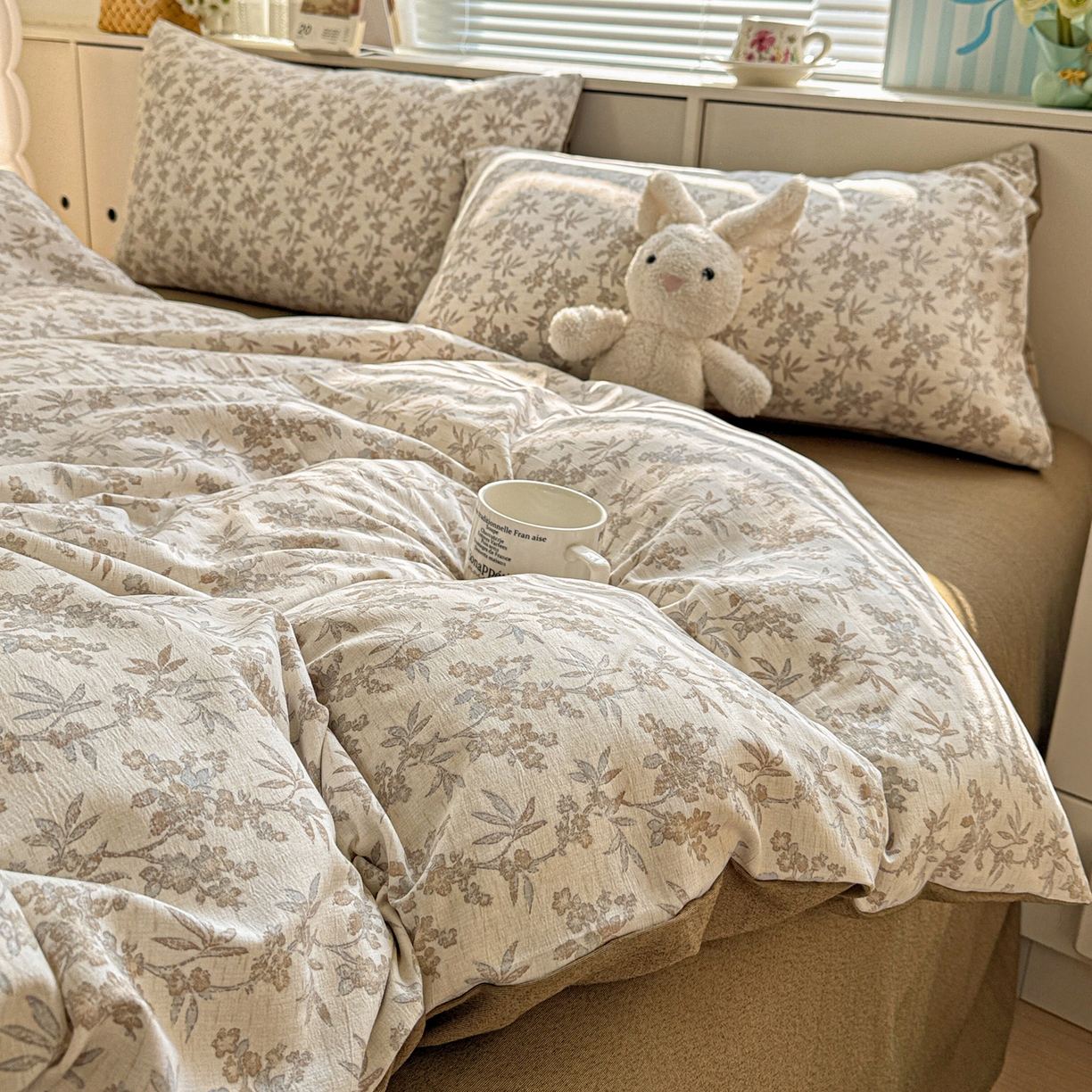 91家纺网 家纺一手货源 找家纺 名品家纺 2026新款软糯小露麻棉麻棉纱四件套 提供买家秀 暖棕花笺