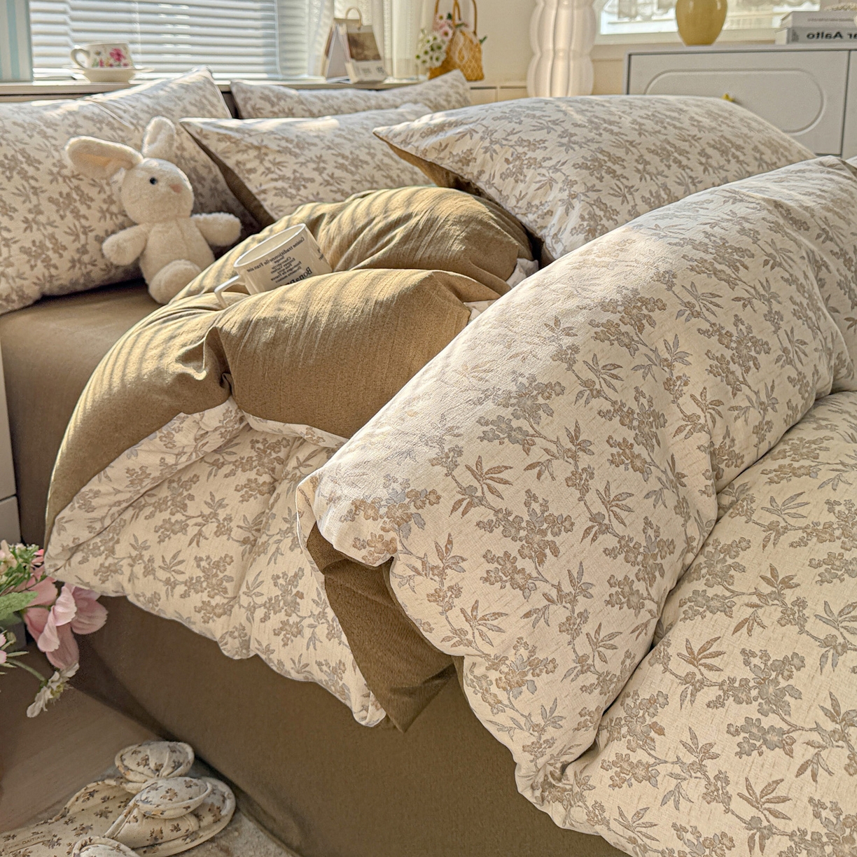 91家纺网 家纺一手货源 找家纺 名品家纺 2026新款软糯小露麻棉麻棉纱四件套 提供买家秀 暖棕花笺