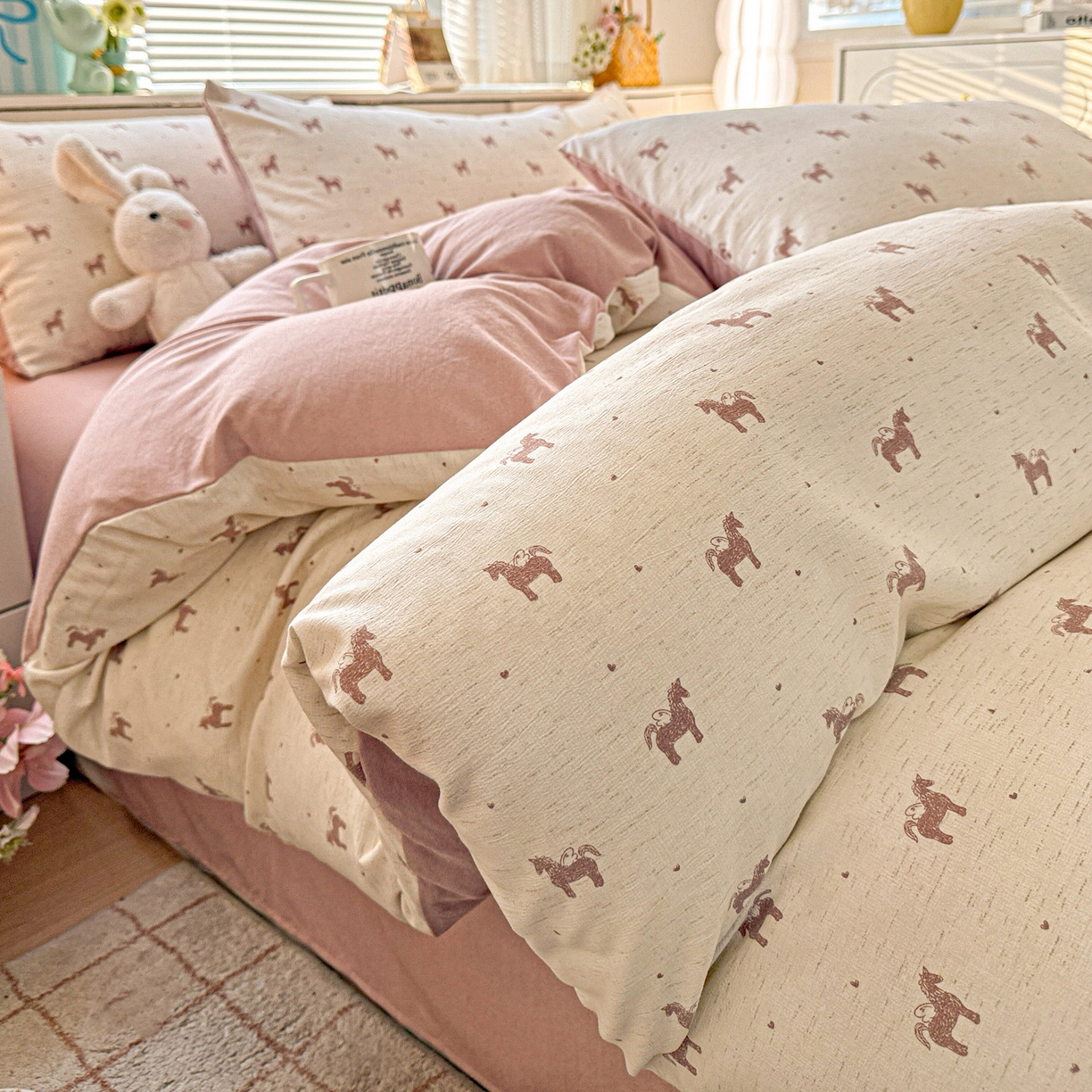 91家纺网 家纺一手货源 找家纺 名品家纺 2026新款软糯小露麻棉麻棉纱四件套 提供买家秀 奇迹小马