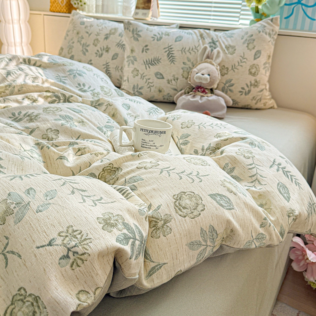 91家纺网 家纺一手货源 找家纺 名品家纺 2026新款软糯小露麻棉麻棉纱四件套 提供买家秀 浅茶花语