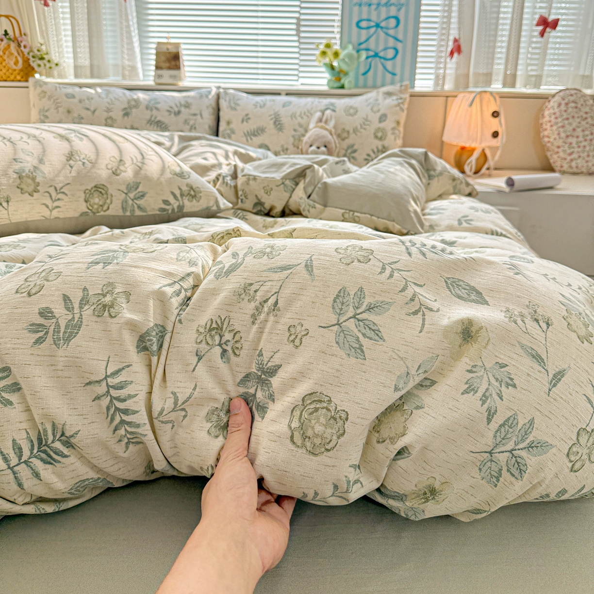 91家纺网 家纺一手货源 找家纺 名品家纺 2026新款软糯小露麻棉麻棉纱四件套 提供买家秀 浅茶花语