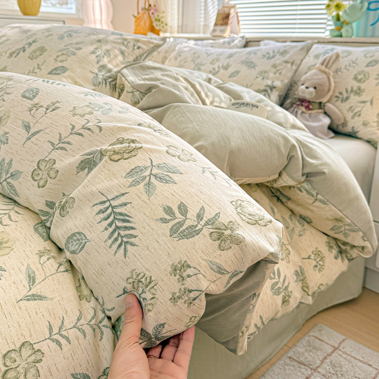 91家纺网 家纺一手货源 找家纺 名品家纺 2026新款软糯小露麻棉麻棉纱四件套 提供买家秀 浅茶花语