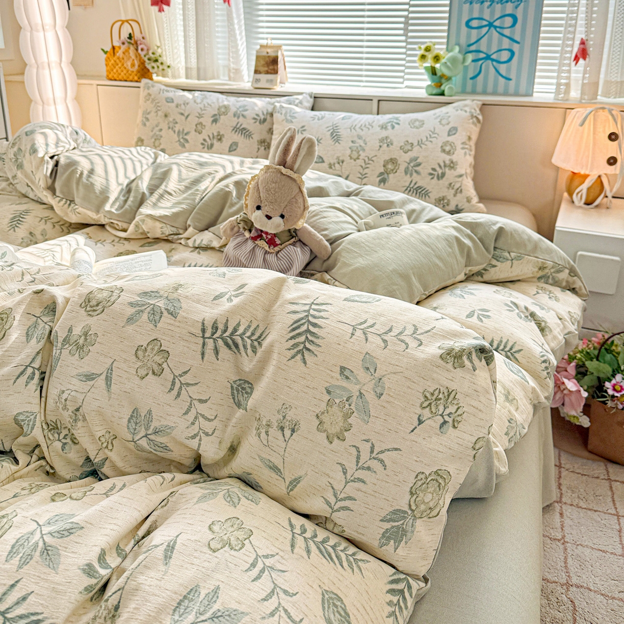 91家纺网 家纺一手货源 找家纺 名品家纺 2026新款软糯小露麻棉麻棉纱四件套 提供买家秀 浅茶花语