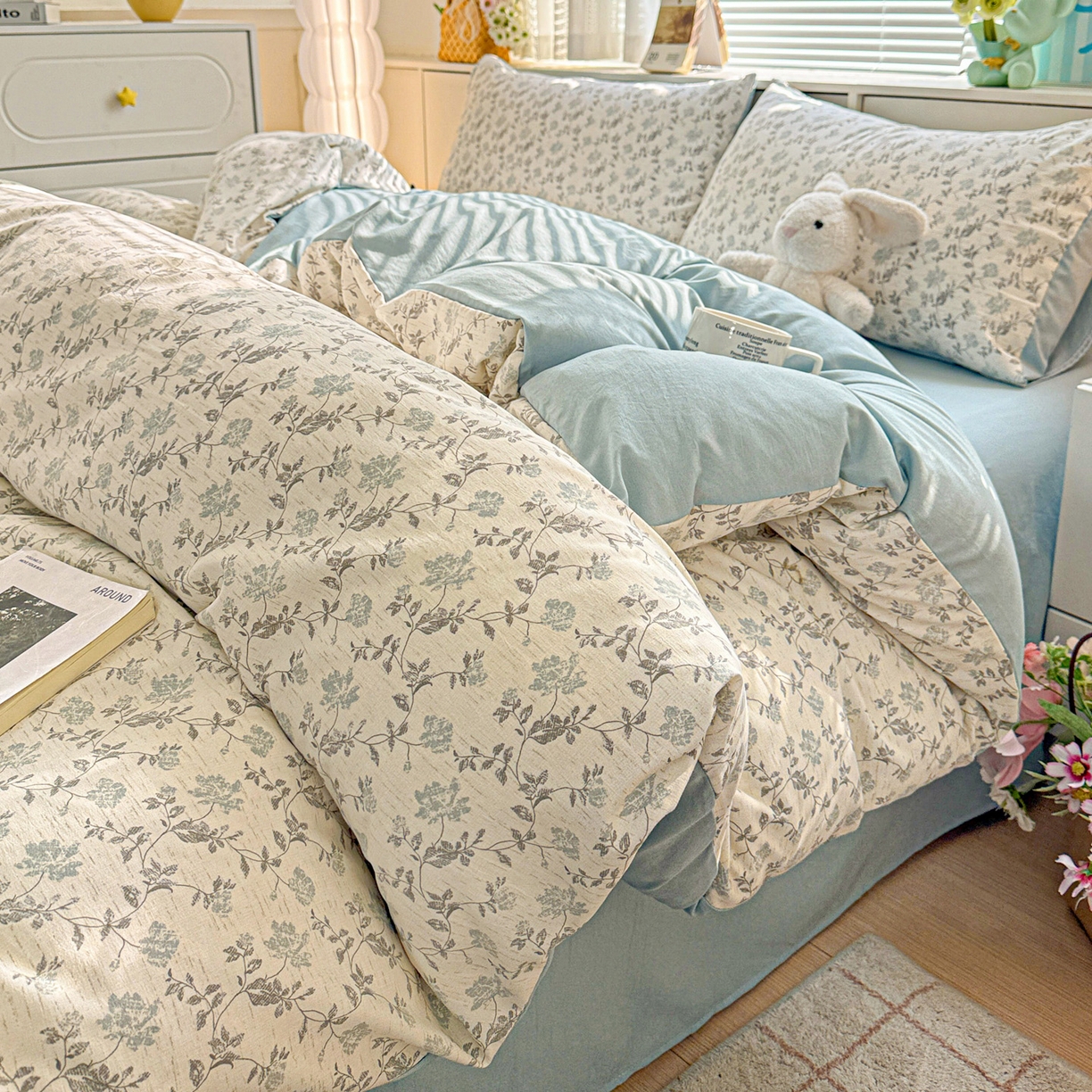 91家纺网 家纺一手货源 找家纺 名品家纺 2026新款软糯小露麻棉麻棉纱四件套 提供买家秀 青枝漫野