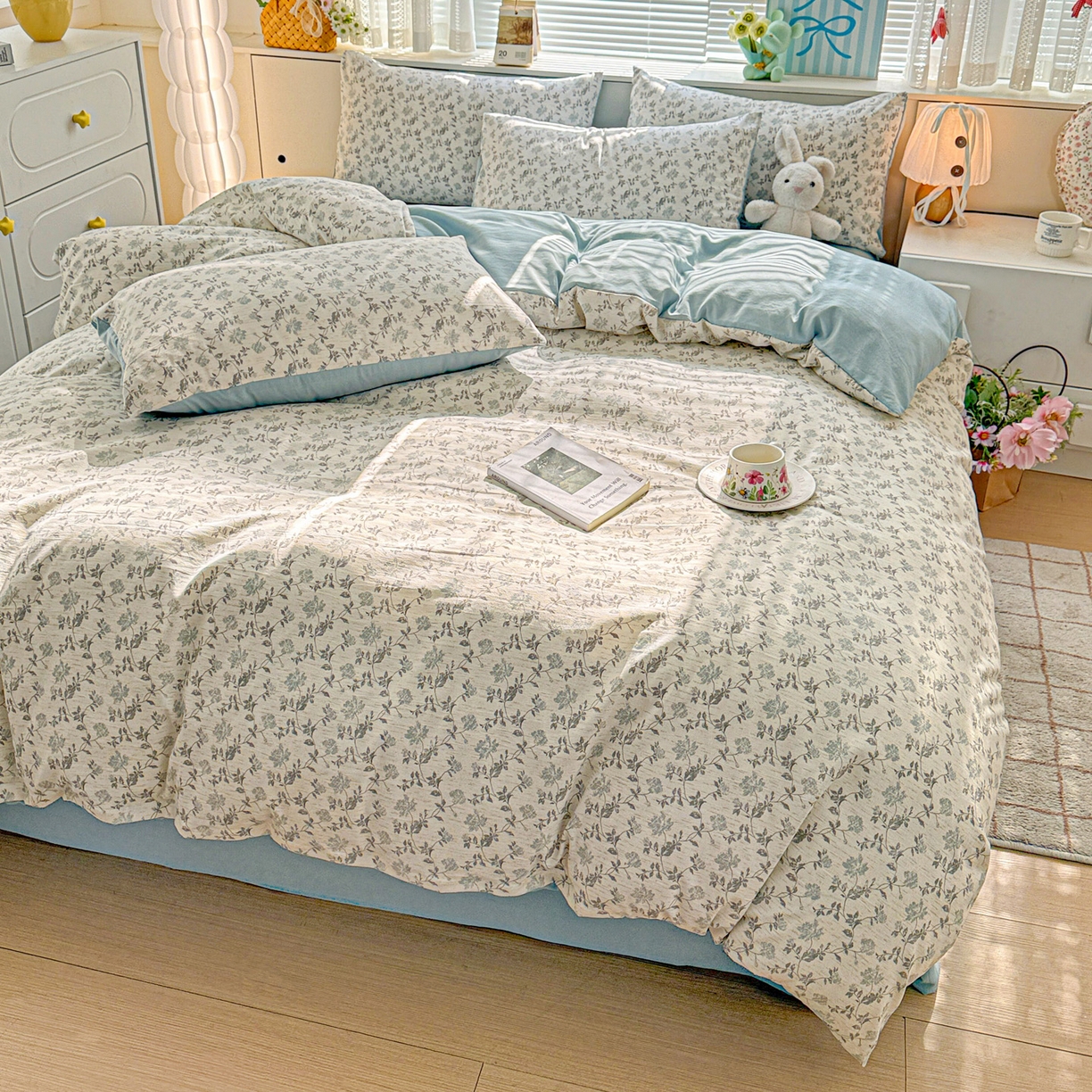 91家纺网 家纺一手货源 找家纺 名品家纺 2026新款软糯小露麻棉麻棉纱四件套 提供买家秀 青枝漫野