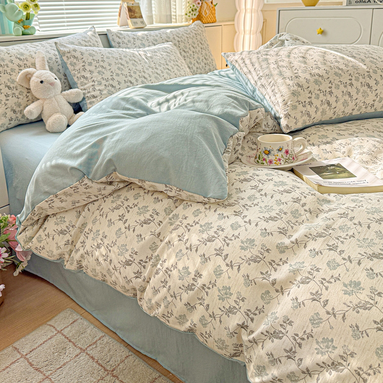 91家纺网 家纺一手货源 找家纺 名品家纺 2026新款软糯小露麻棉麻棉纱四件套 提供买家秀 青枝漫野