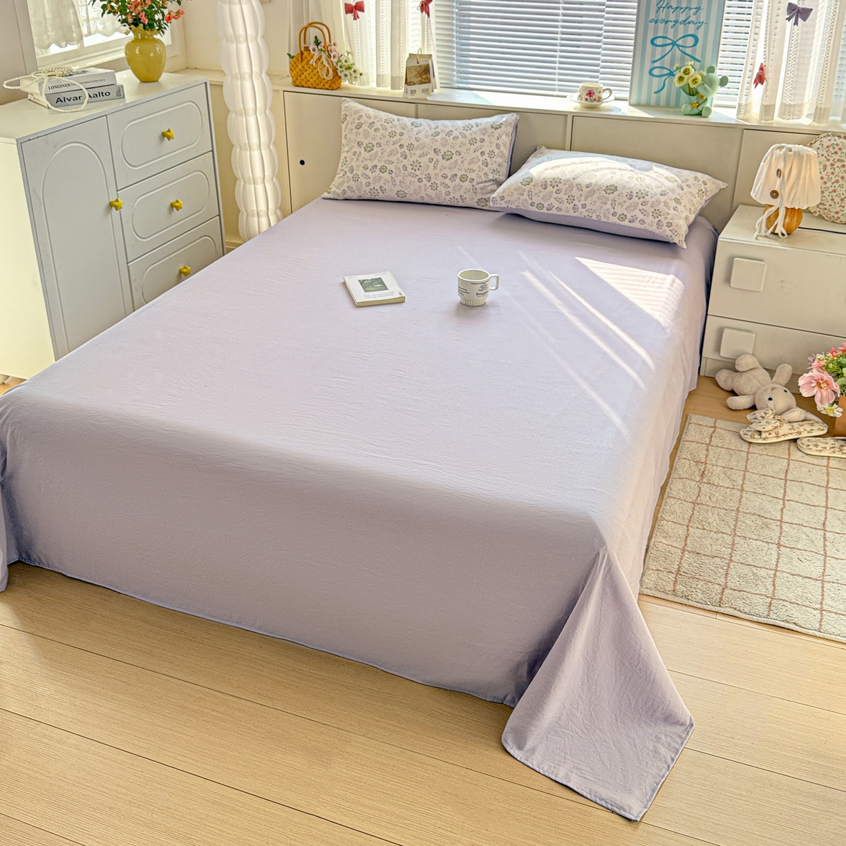 91家纺网 家纺一手货源 找家纺 名品家纺 2026新款软糯小露麻棉麻棉纱四件套 提供买家秀 紫雾栖花