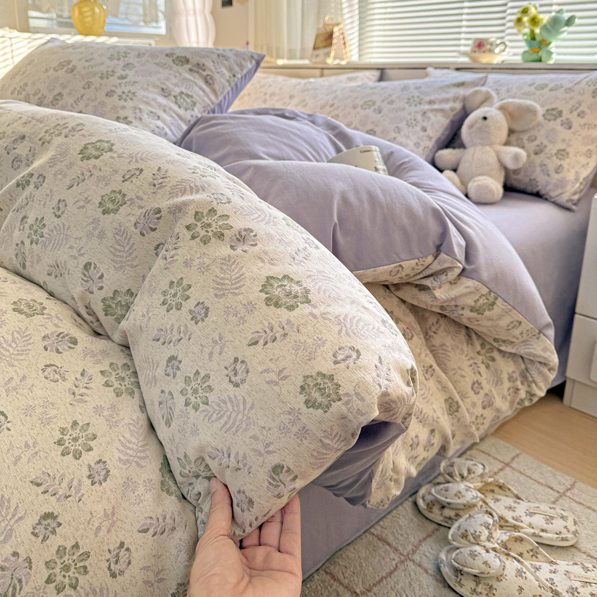 91家纺网 家纺一手货源 找家纺 名品家纺 2026新款软糯小露麻棉麻棉纱四件套 提供买家秀 紫雾栖花