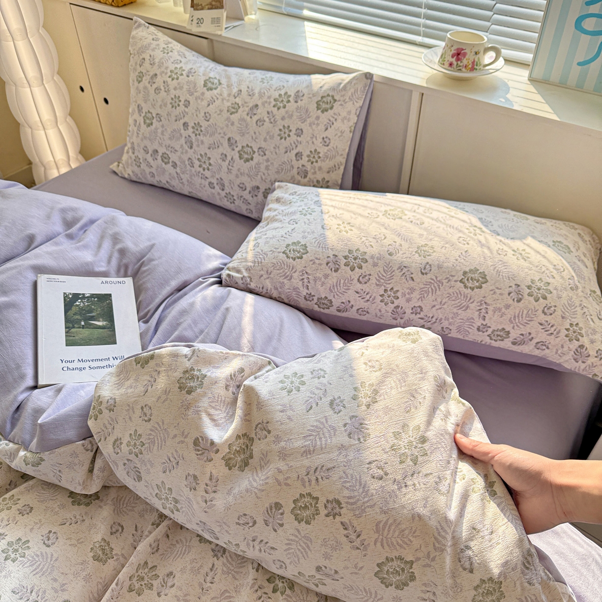 91家纺网 家纺一手货源 找家纺 名品家纺 2026新款软糯小露麻棉麻棉纱四件套 提供买家秀 紫雾栖花