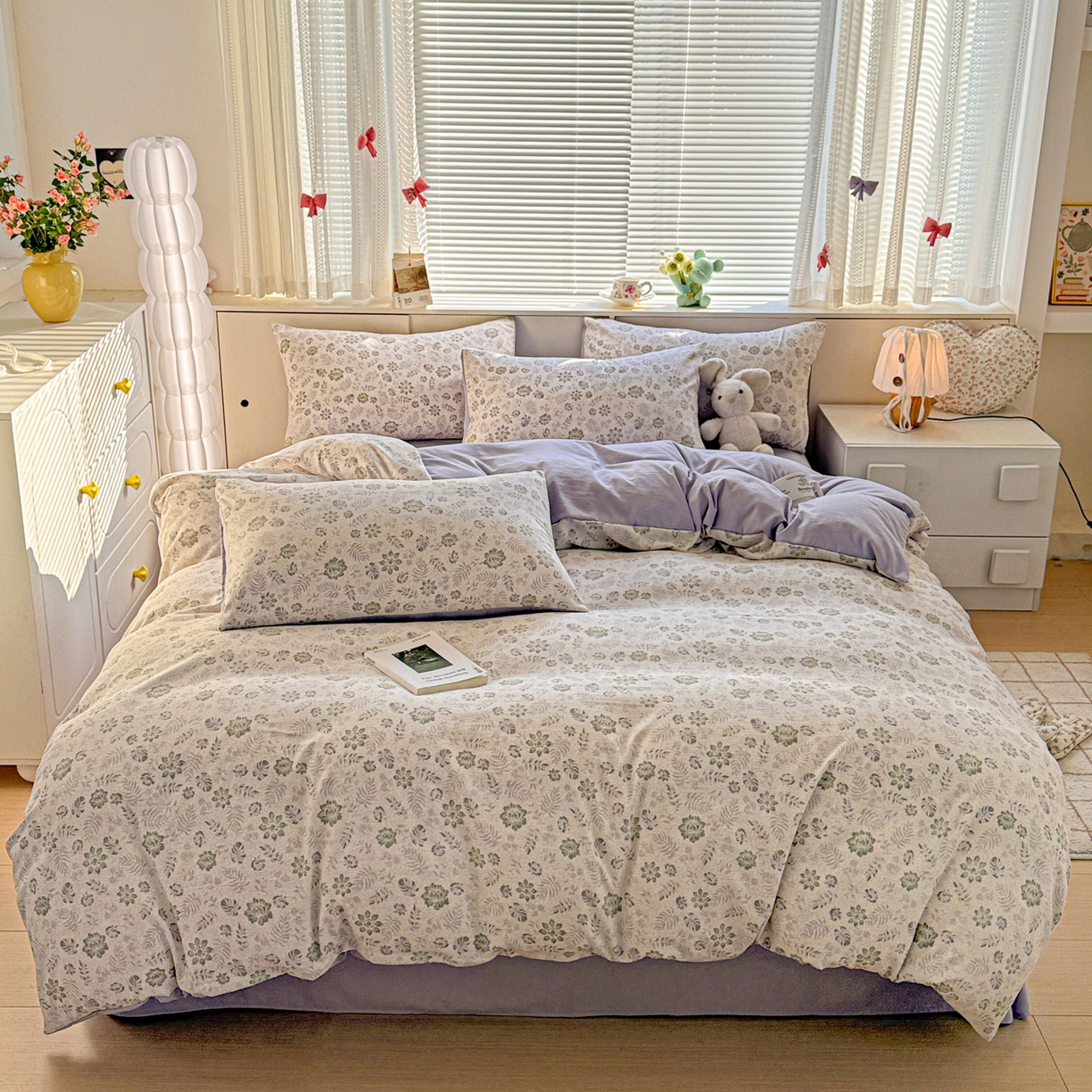 91家纺网 家纺一手货源 找家纺 名品家纺 2026新款软糯小露麻棉麻棉纱四件套 提供买家秀 紫雾栖花