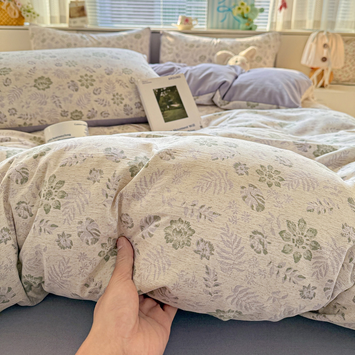 91家纺网 家纺一手货源 找家纺 名品家纺 2026新款软糯小露麻棉麻棉纱四件套 提供买家秀 紫雾栖花