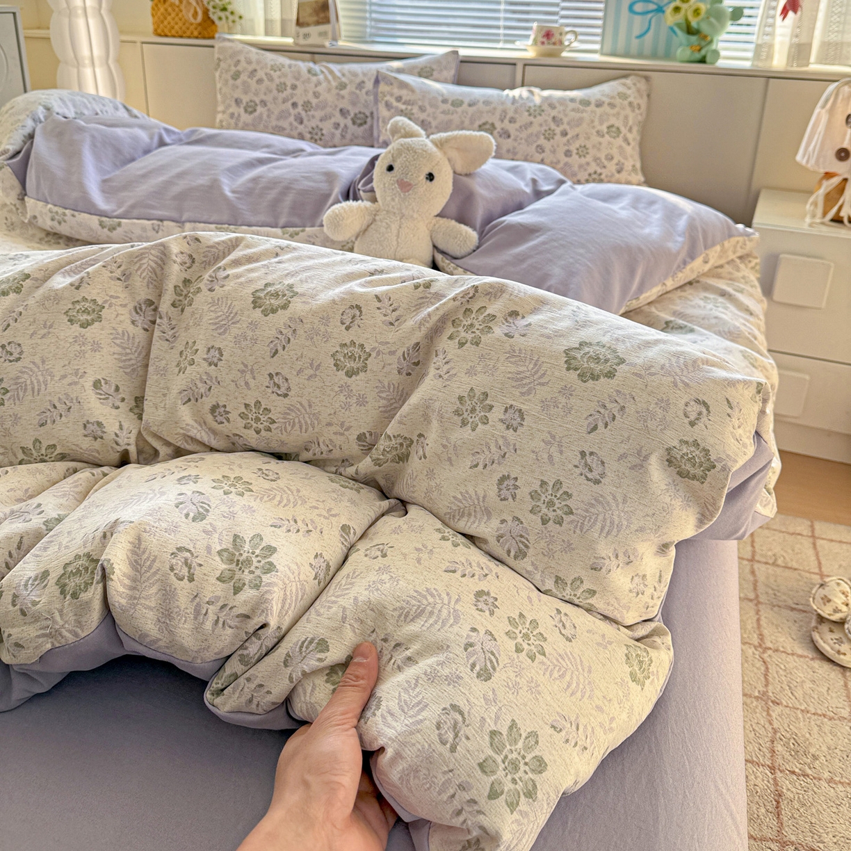 91家纺网 家纺一手货源 找家纺 名品家纺 2026新款软糯小露麻棉麻棉纱四件套 提供买家秀 紫雾栖花