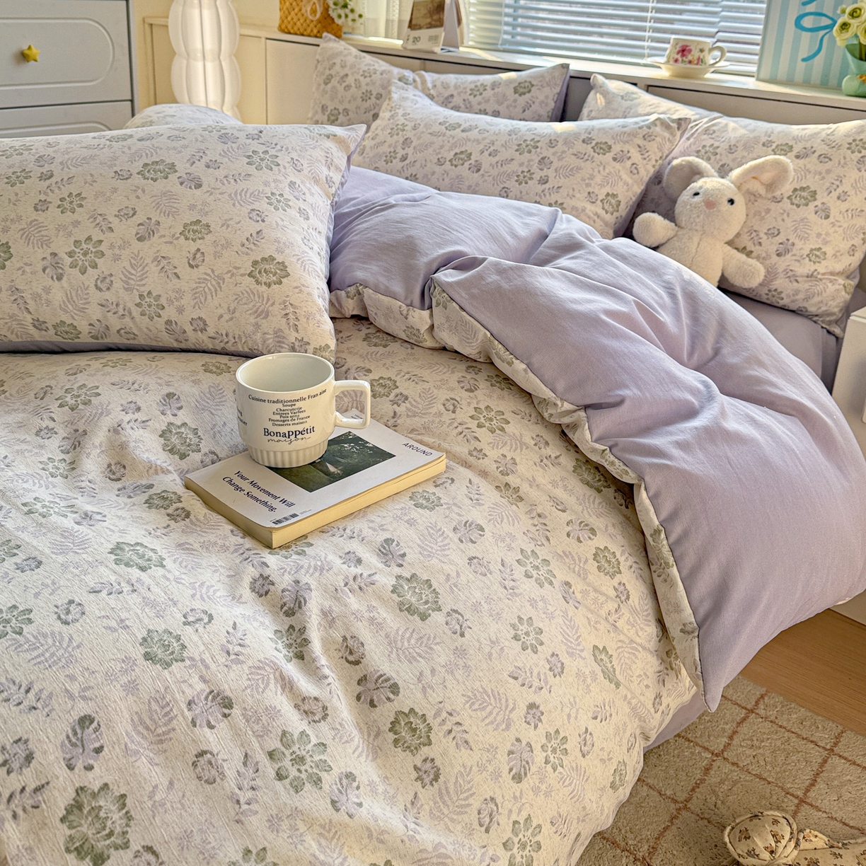 91家纺网 家纺一手货源 找家纺 名品家纺 2026新款软糯小露麻棉麻棉纱四件套 提供买家秀 紫雾栖花