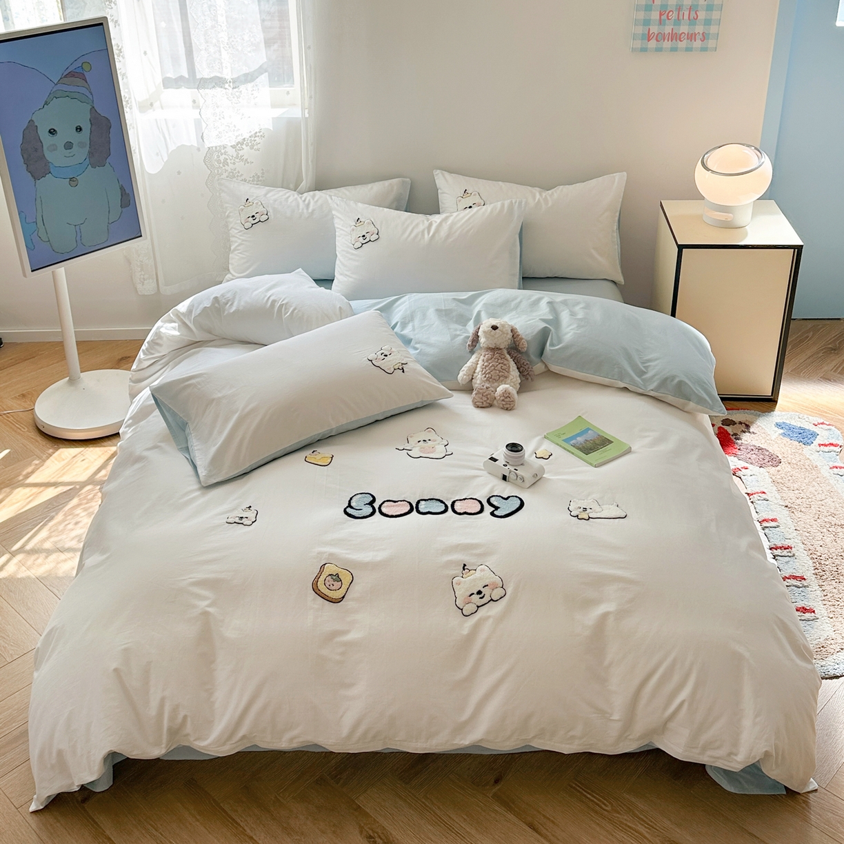 丽涵家纺 2026新款50S全棉纯棉水洗棉毛巾绣花四件套幸运圣诞 可爱小狗-蓝