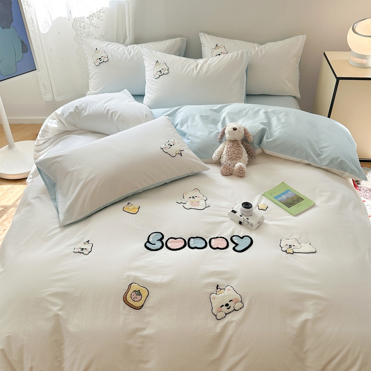 91家纺网 家纺一手货源 找家纺 丽涵家纺 2026新款50S全棉纯棉水洗棉毛巾绣花四件套幸运圣诞 可爱小狗-蓝