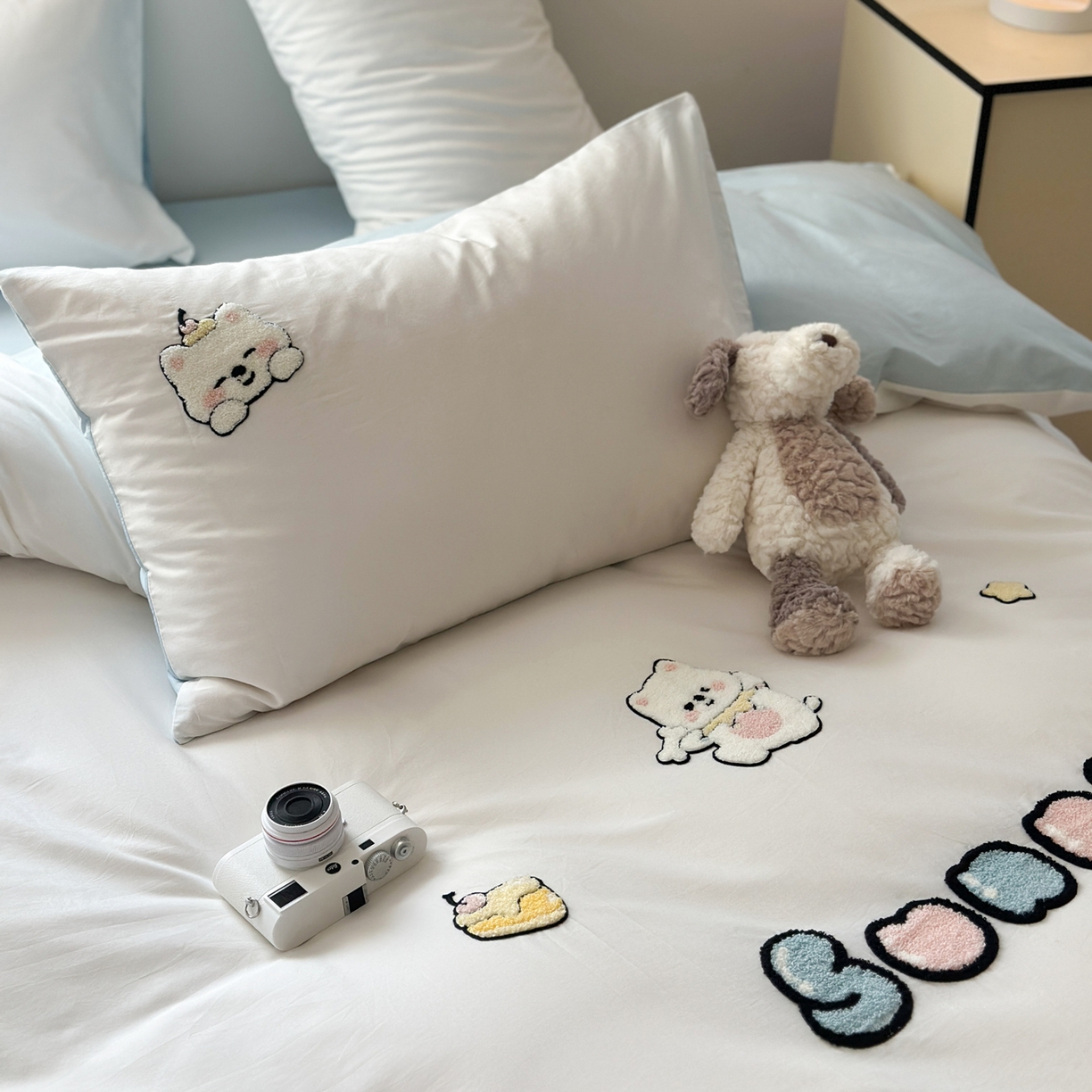 91家纺网 家纺一手货源 找家纺 丽涵家纺 2026新款50S全棉纯棉水洗棉毛巾绣花四件套幸运圣诞 可爱小狗-蓝