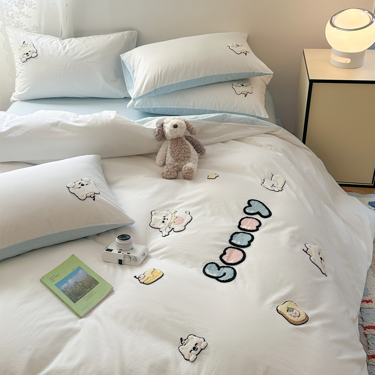 91家纺网 家纺一手货源 找家纺 丽涵家纺 2026新款50S全棉纯棉水洗棉毛巾绣花四件套幸运圣诞 可爱小狗-蓝