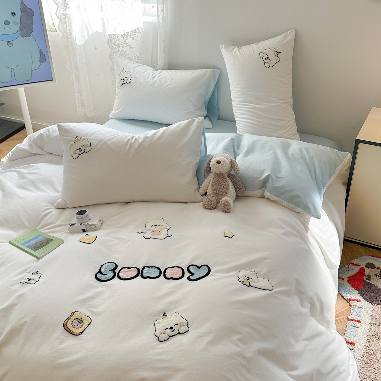 91家纺网 家纺一手货源 找家纺 丽涵家纺 2026新款50S全棉纯棉水洗棉毛巾绣花四件套幸运圣诞 可爱小狗-蓝