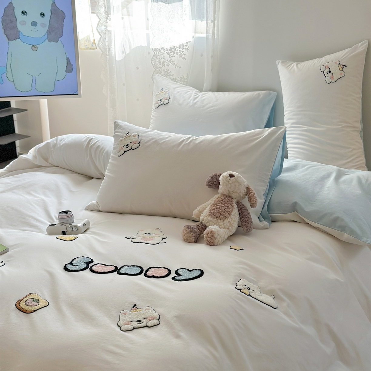 91家纺网 家纺一手货源 找家纺 丽涵家纺 2026新款50S全棉纯棉水洗棉毛巾绣花四件套幸运圣诞 可爱小狗-蓝