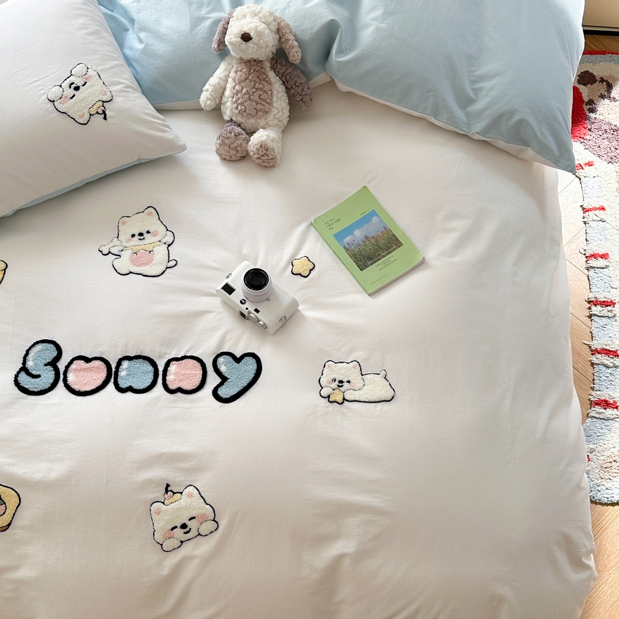 91家纺网 家纺一手货源 找家纺 丽涵家纺 2026新款50S全棉纯棉水洗棉毛巾绣花四件套幸运圣诞 可爱小狗-蓝