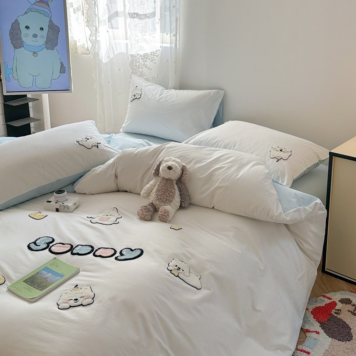 91家纺网 家纺一手货源 找家纺 丽涵家纺 2026新款50S全棉纯棉水洗棉毛巾绣花四件套幸运圣诞 可爱小狗-蓝