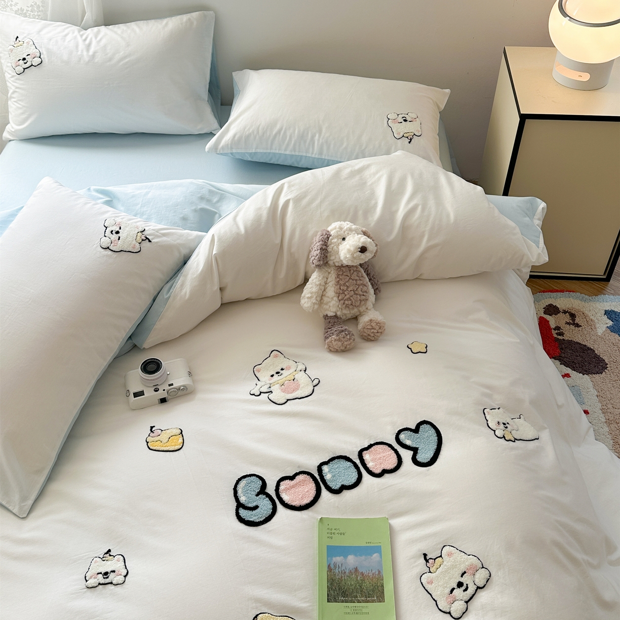 91家纺网 家纺一手货源 找家纺 丽涵家纺 2026新款50S全棉纯棉水洗棉毛巾绣花四件套幸运圣诞 可爱小狗-蓝