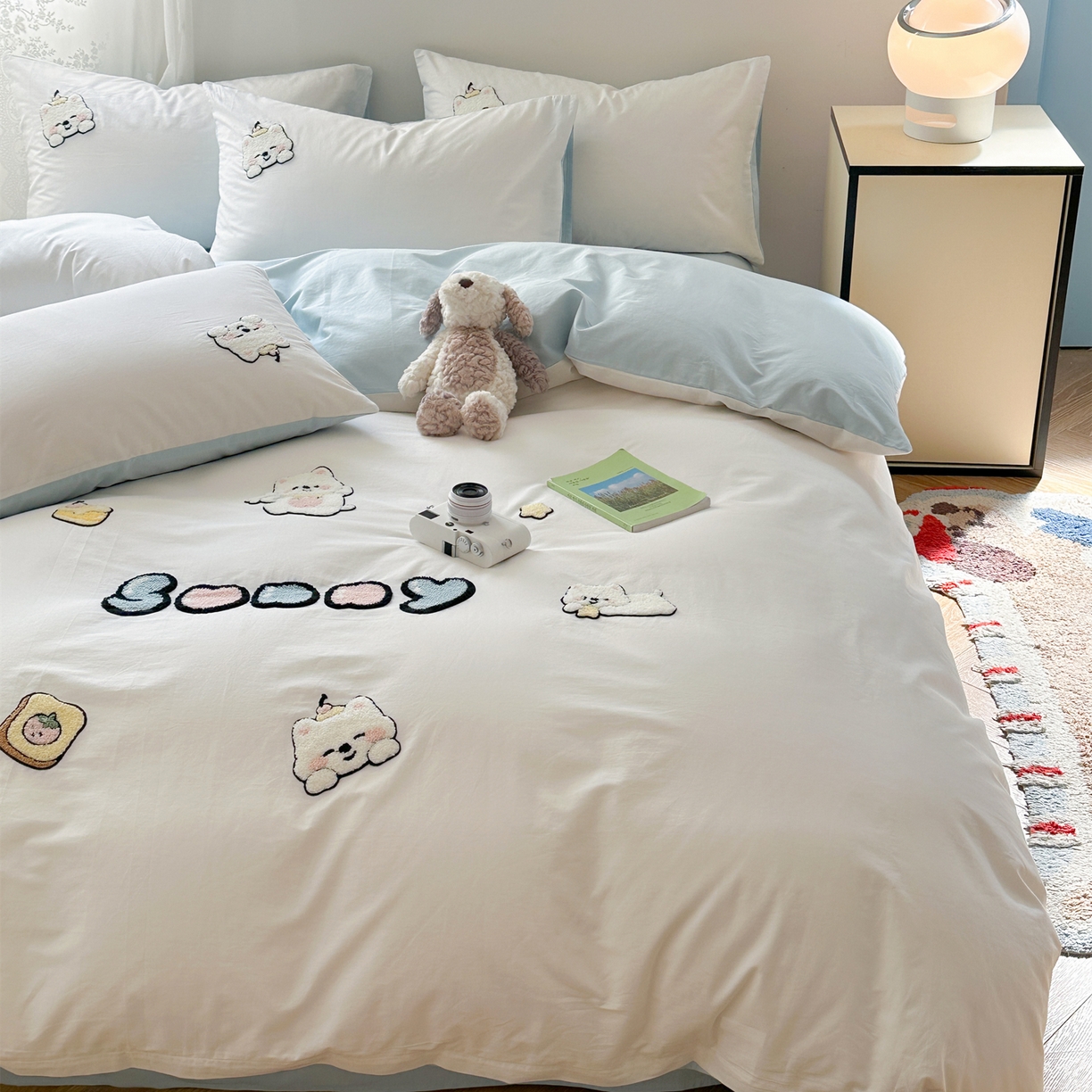 91家纺网 家纺一手货源 找家纺 丽涵家纺 2026新款50S全棉纯棉水洗棉毛巾绣花四件套幸运圣诞 可爱小狗-蓝